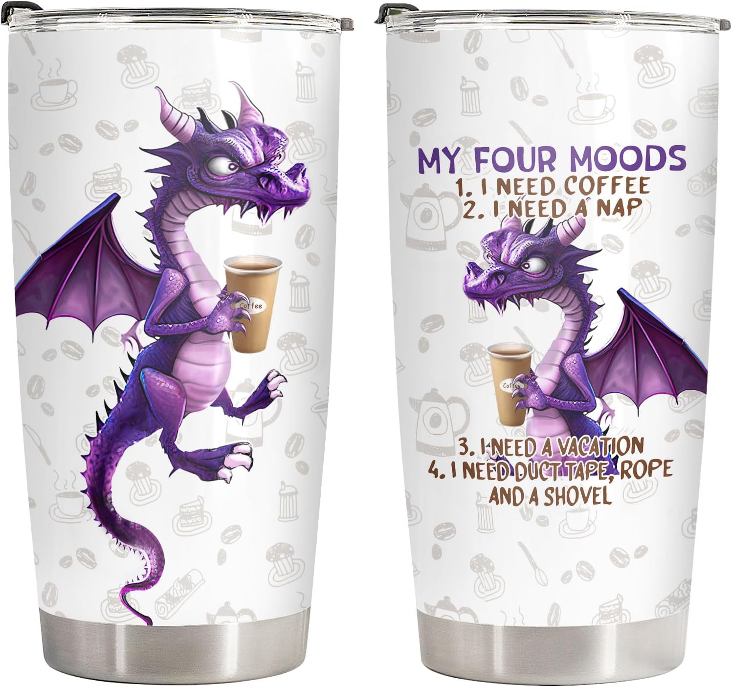 34HD Dragon Coffee Moods Tumbler 20oz Stainless Steel Insulated - Funny Purple Dragons Four Moods Gift for Coffee Lovers, Birthday Gifts for Men, Women & Best Friend