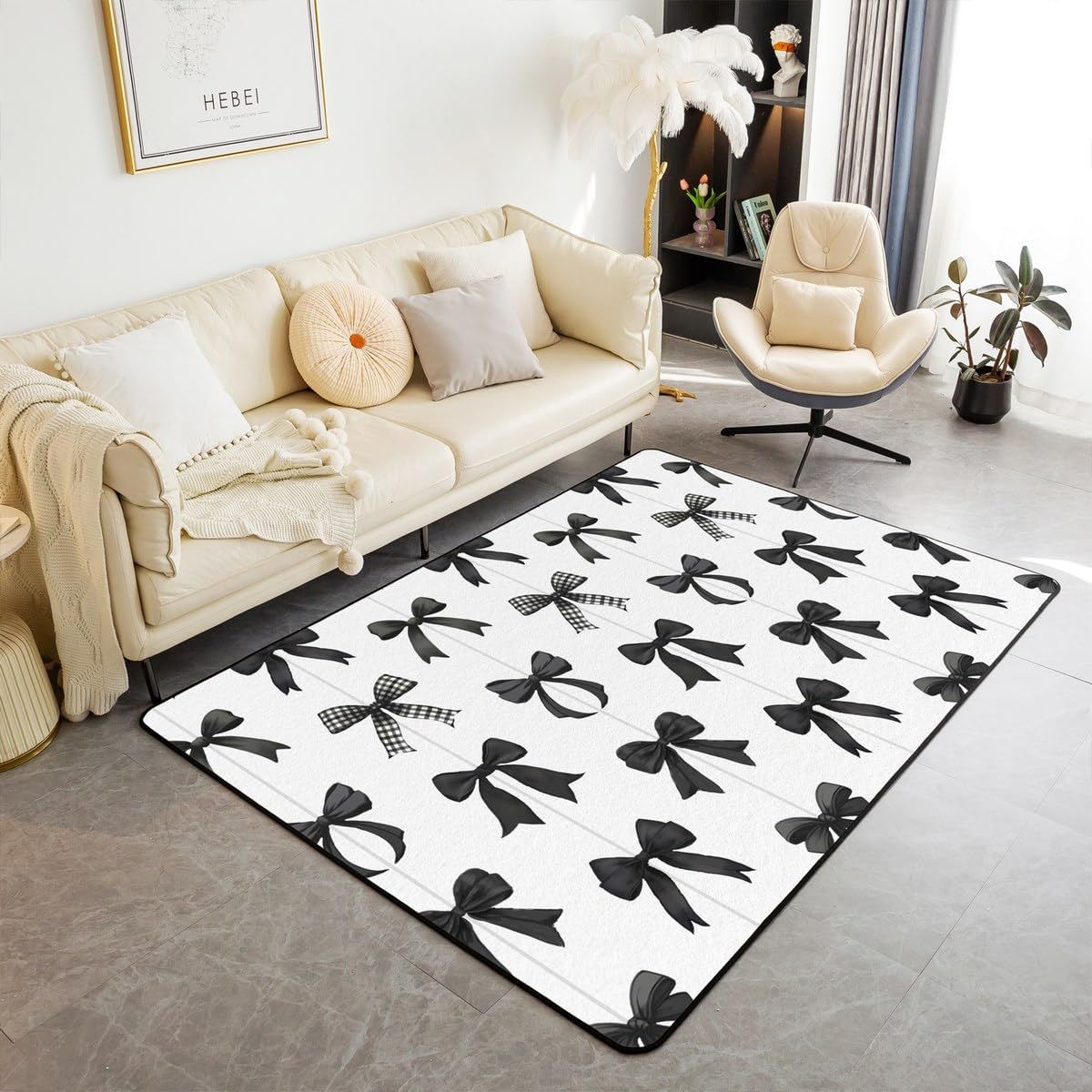 richhome Black Bow Living Room Rugs for Bedroom For Kids Girls Area Rug 100x150cm Cute Coquette Bow Knot Decor Carpet Soft Shaggy Absorben Girly Indoor Floor Mat Bowknot