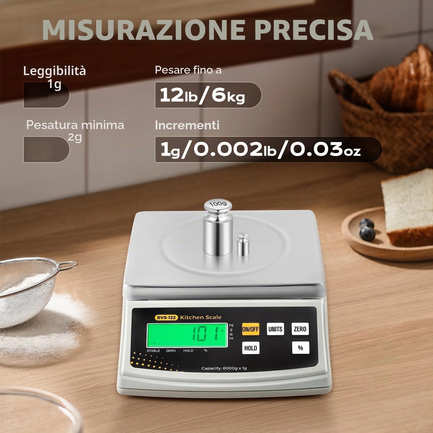 Bonvoisin 2 gr/ 6 kg Bilancia Cucina Digitale in Once e Grammi, con Funzione Percentuale e Tara, Piattello in Acciaio Inossidabile, Alta Precisione Pesa Alimenti per Cucinare, Dolci, Candele e Saponi