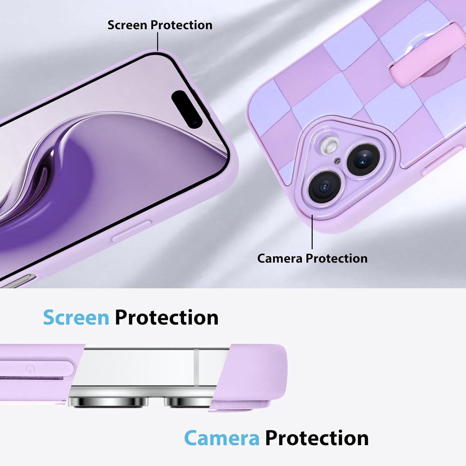 KANGHAR Compatible with iPhone 17 Case 2025, Silicone Checkered Cute Pattern, Wristband Kickstand Camera Protection Soft Slim Cover for Girls Women -Purple