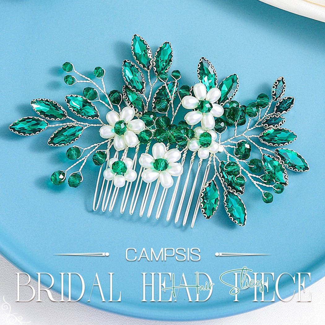 Campsis Green Rhinestone Hair Comb Crystal Hair Piece Wedding Hair Accessories for Women and Bridal