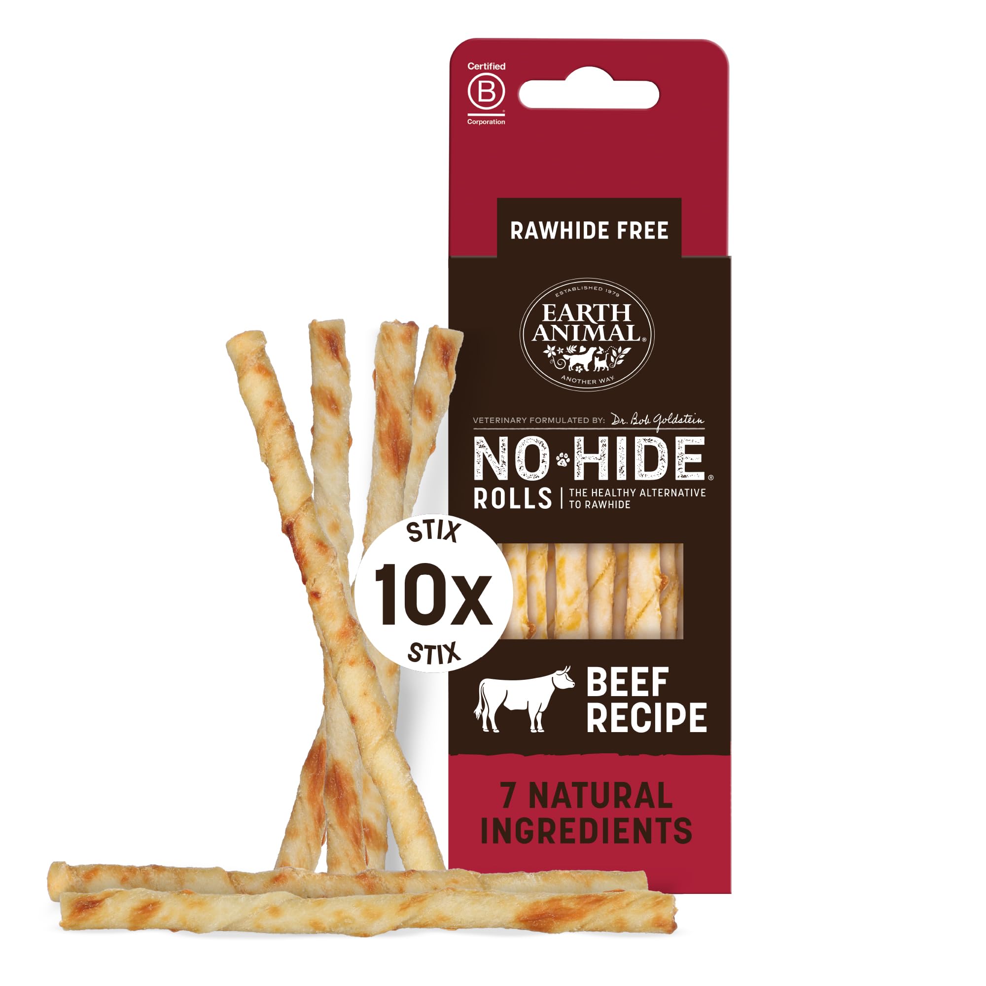 Earth Animal No-Hide® Beef Stix (10 Chews Per Pack) – Long-Lasting Cat & Dog Chews – Natural Dog Treats for Small Dogs (< 5 kg) – Supports Healthy Teeth & Gums – 100% Recyclable Packaging — image 1