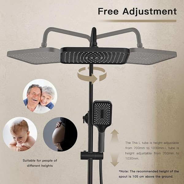 Colonne de Douche Titane avec Tête Carrée DEWINNER,Colonne de Douche 4 Modes et Hauteur Réglable75-110CM, Affichage LED,Tête de Douche, Jet, Robinet et Pommeau de Douche (Noir) - 3