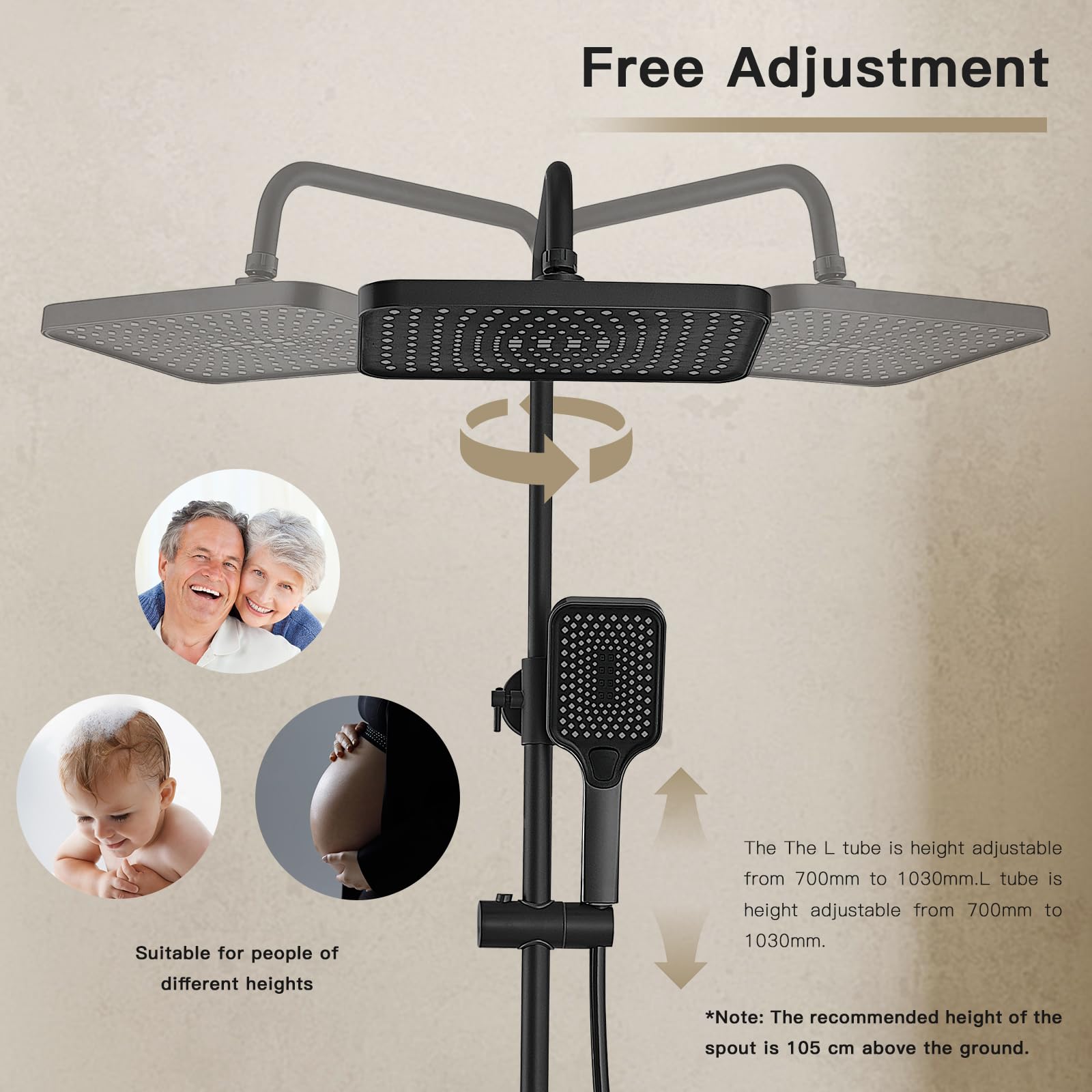 Colonne de Douche Titane avec Tête Carrée DEWINNER,Colonne de Douche 4 Modes et Hauteur Réglable75-110CM, Affichage LED,Tête de Douche, Jet, Robinet et Pommeau de Douche (Noir)