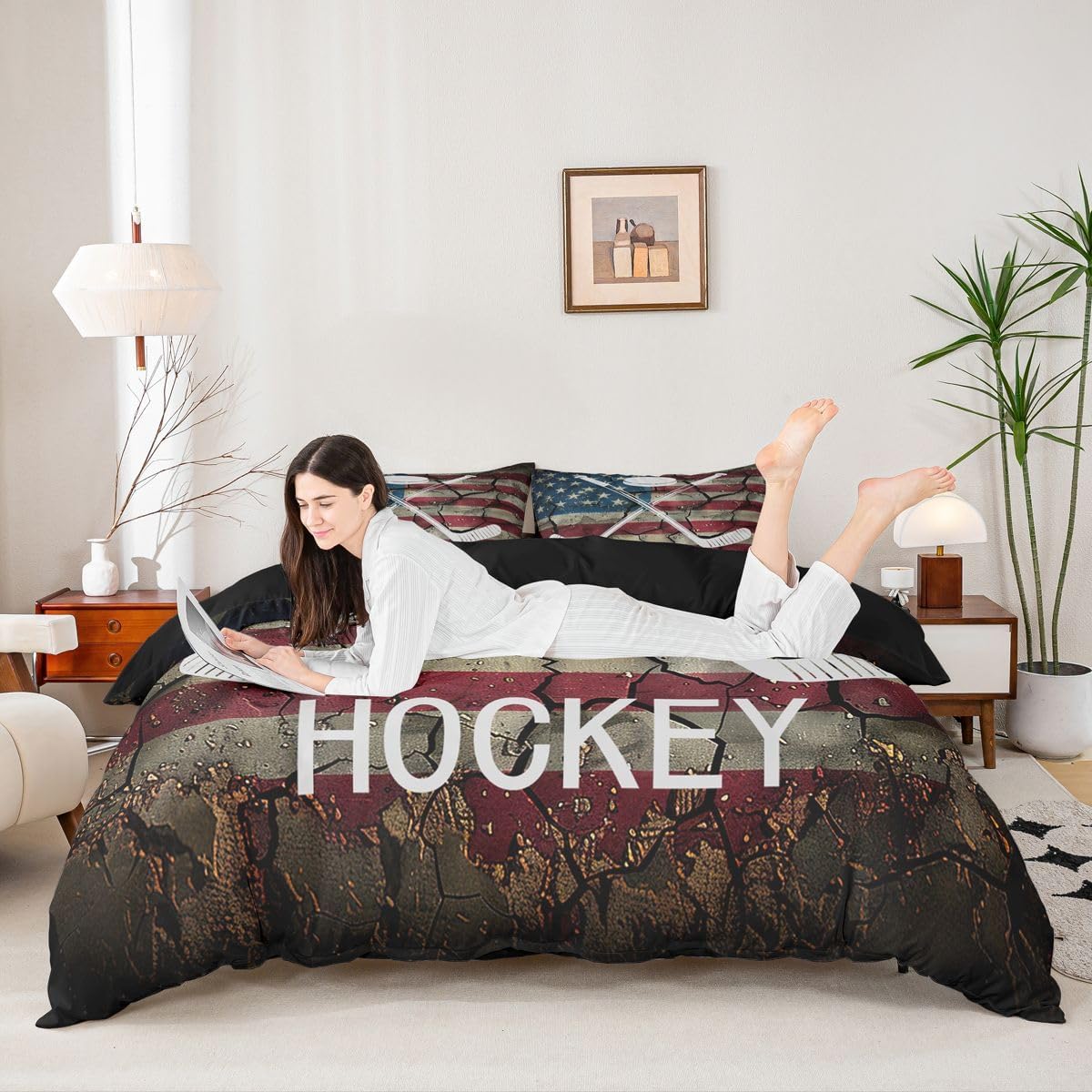 Erosebridal Ice Hockey Bedding Set Twin, American Flag Comforter Cover for Kids Boys Teens, Hockey Sports Game Duvet Cover United States Federations Stars Stripes Retro Bed Set with 1 Pillow Case