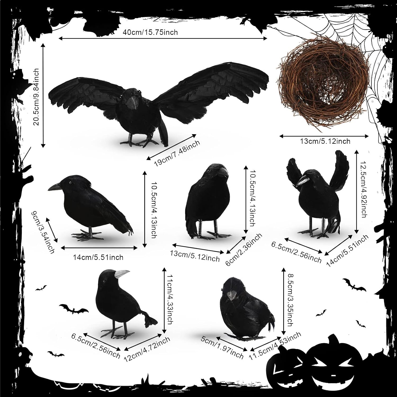 Queekay 6 Pack Halloween Black Feathered Crows Realistic Artificial Birds