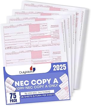 1099 NEC Copy A Forms 75 Forms 25 Sheets Federal Income Laser Tax Forms, 2025