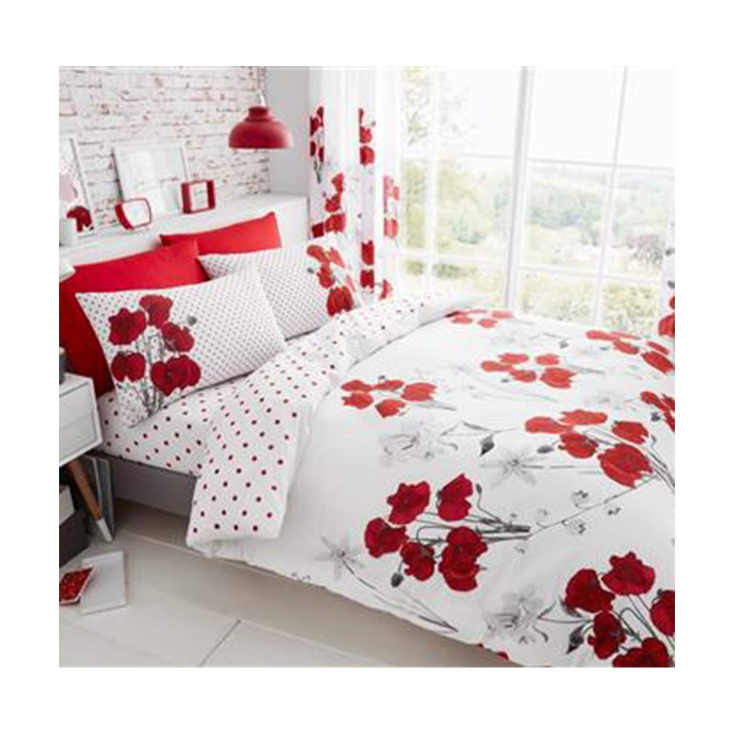 FAIRWAYUK Floral Duvet Set - 3 Piece King Size Bedding with Matching Pillowcase, Reversible Soft Flowers Printed Bed Sets, Poly Cotton, Easy Care Quilt Covers, Red, 230x220cm