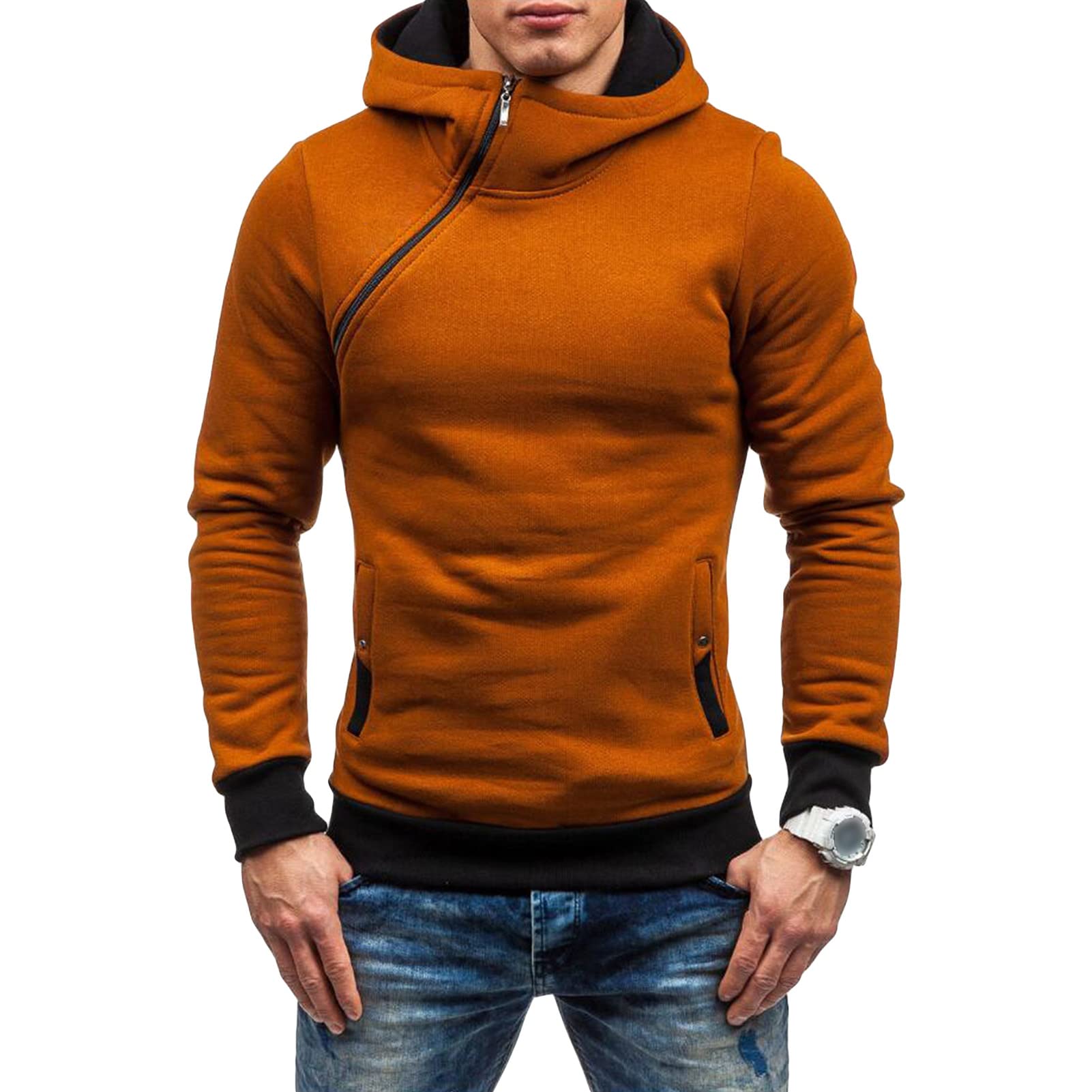 Maiyifu-GJ Men's Long Sleeve Diagonal Zipper Hoodies Zip Up Slim Fit Athletic Hoodie Hip Hop Hooded Sweatshirts with Pocket (Camel,Large)