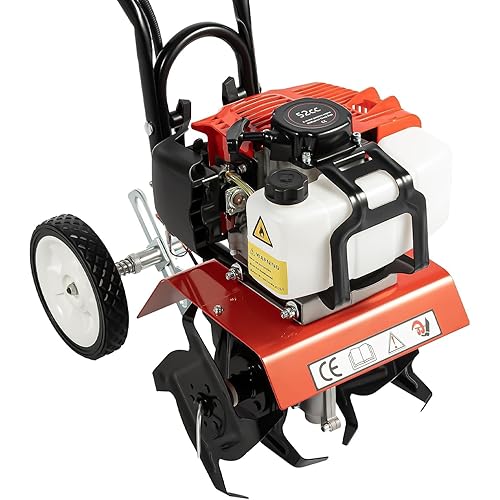 Garden Tiller Cultivator,2-Stroke 52CC Gas Powered Engine Rototiller Garden Tool with Widened Mud Flap Cordless with Long Handle Strong Power Garden Cultivator for Plowing Turning Soil Ditching
