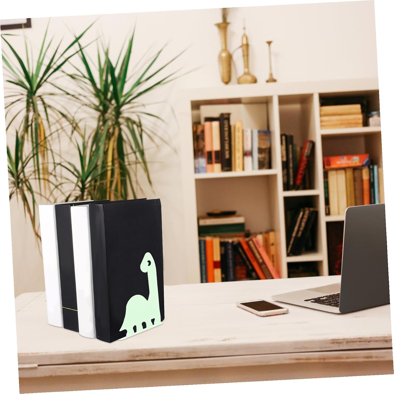 Dinosaur Metal Book Ends, Iron Pair Book Stopper for Office Library | Green Modern Adorable Shape, Prevents Movement and Protects Desktop, Book Organization Accessory