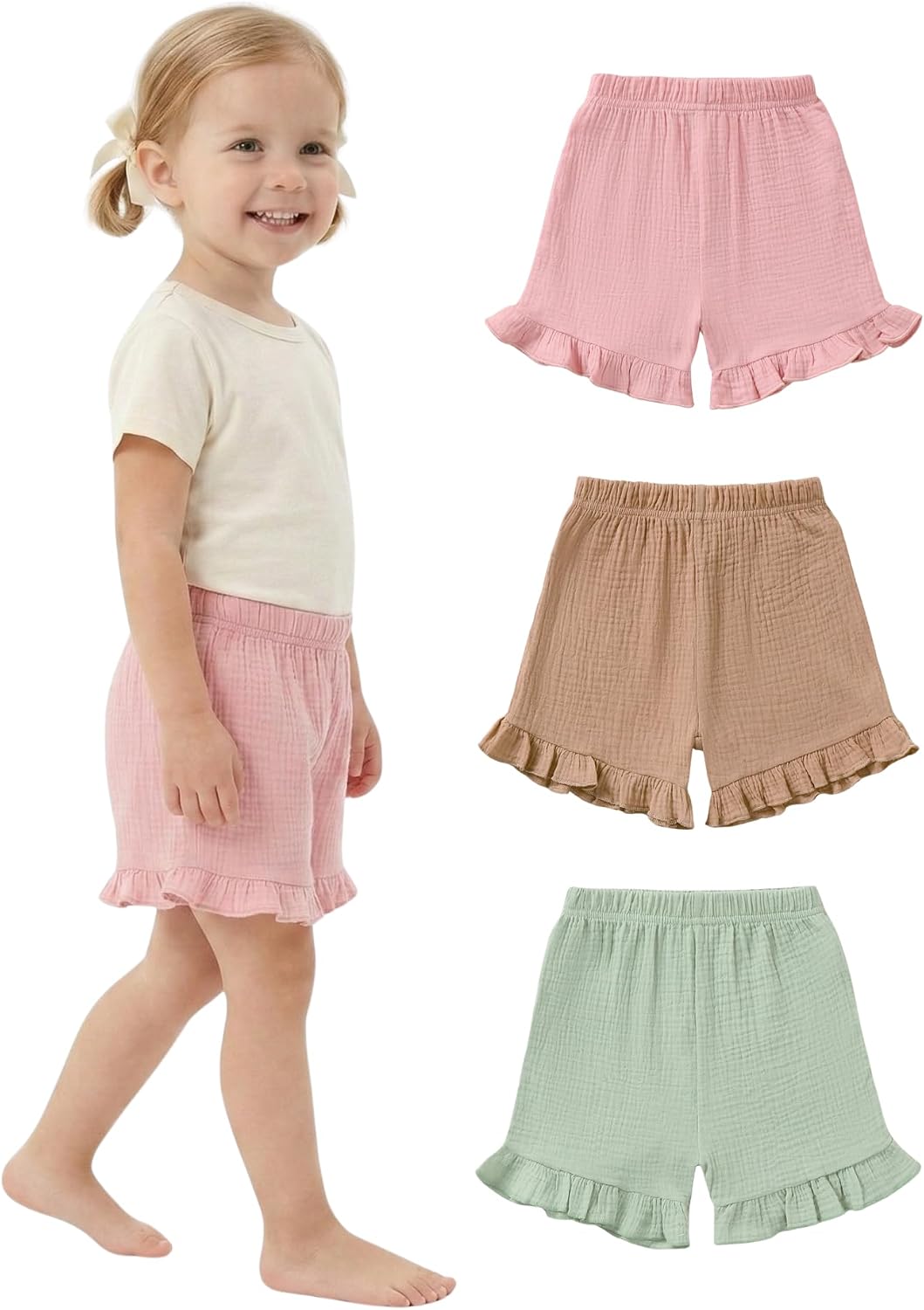3 Pack Toddler Girls Shorts: Summer Casual High Waist Linen Cotton Playing Shorts Clothes Size 18M-6Y