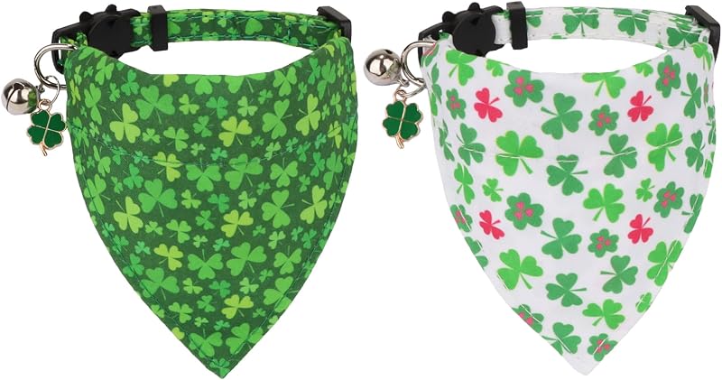 Coleira para Gatos ADOGGYGO com Bandana Removível, Sino e Fecho Breakaway Verde Trevo, Pacote com 2