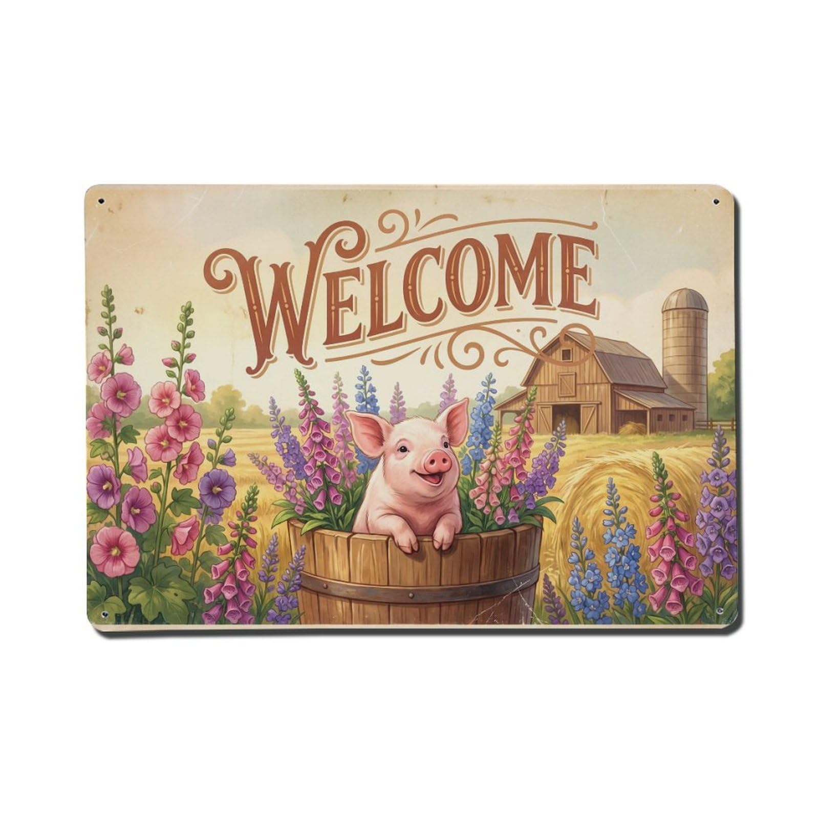Vintage Welcome Pig Rustic Charm Metal Tin Sign