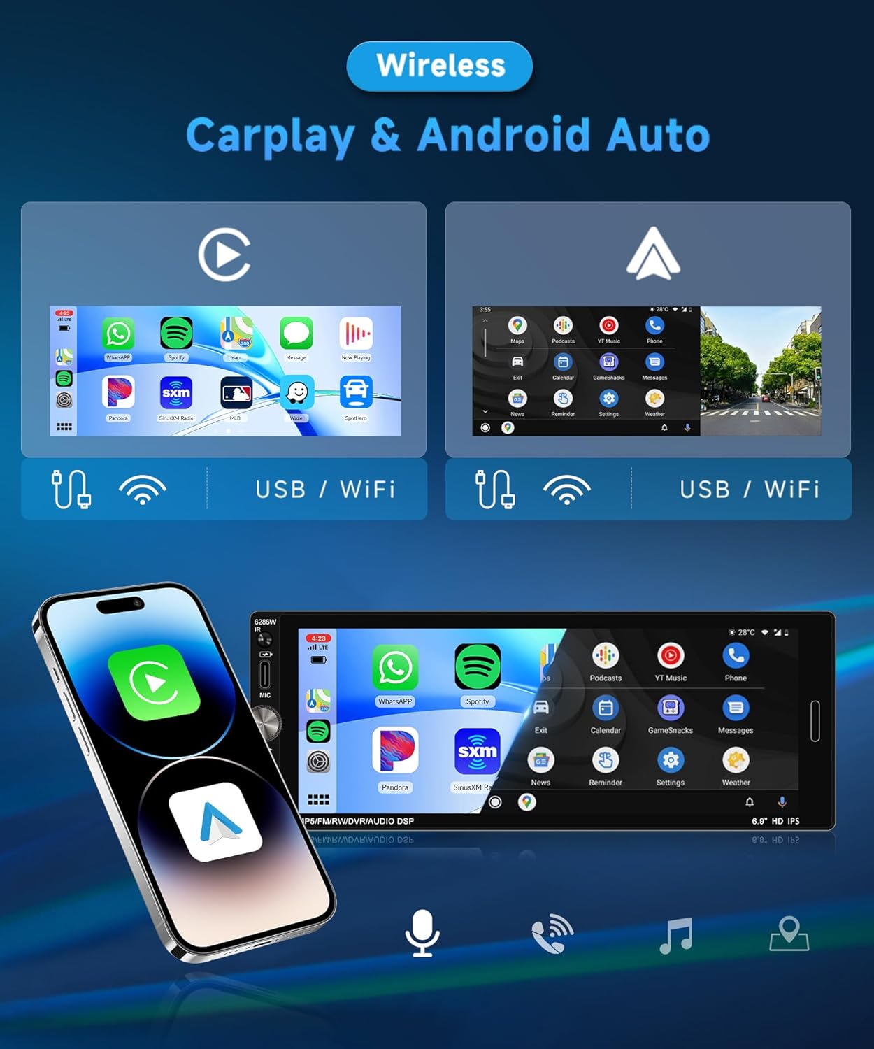 Screenshots showing Wireless CarPlay and Android Auto interfaces on the Rimoody Autoradio, with various app icons.