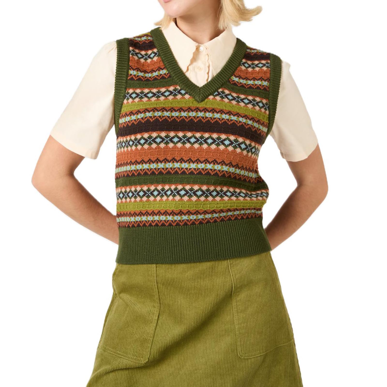 Women Vintage Sweater Vest Boho Argyle Plaid Pattern Knitted Vest Pullover Y2k Preppy V Neck Sleeveless Sweater Tops