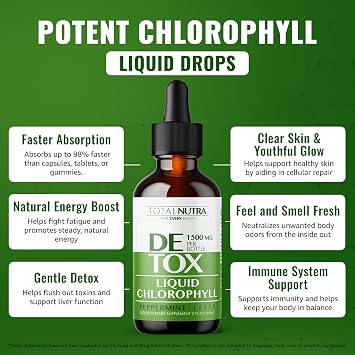 Liquid Chlorophyll Drops 50mg: Vegan Chlorophyll Liquid Drops for Natural Energy Boost, Immune Support, Body Detox for Skin Care, Internal Deodorant | Mint Flavor, Non-GMO, Gluten Free Total Nutra 2oz