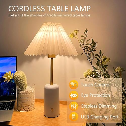 Miniatura 2 de Lámpara de mesa inalámbrica, control táctil, atenuación continua, batería recargable de 5000 mAh, lámpara de escritorio plisada para dormitorio,