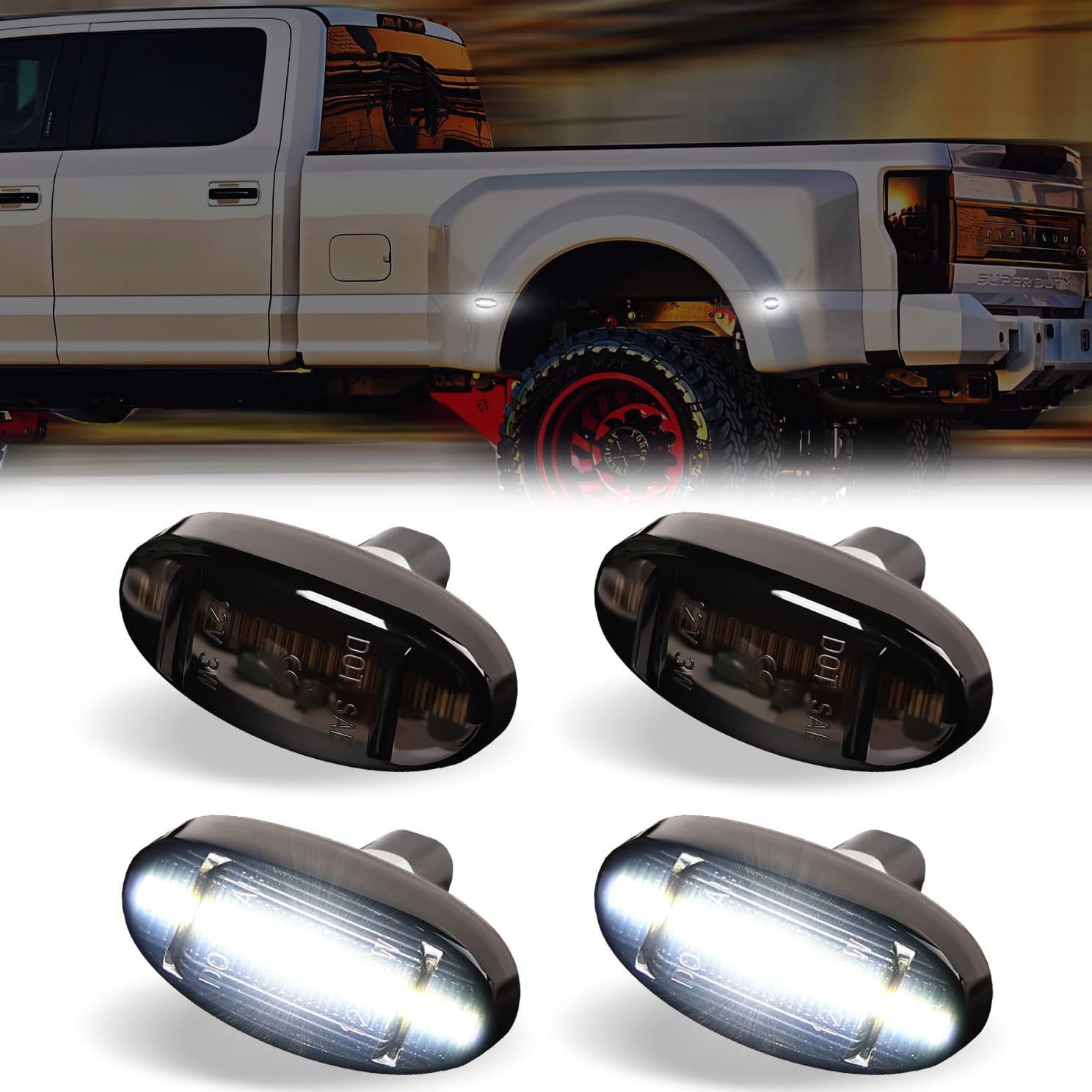LED Dually Bed Fender Side Marker Lights For 2011-2022 Ford F250 F350 F450 F550 Super Duty Trucks Smoked Len (White Led)