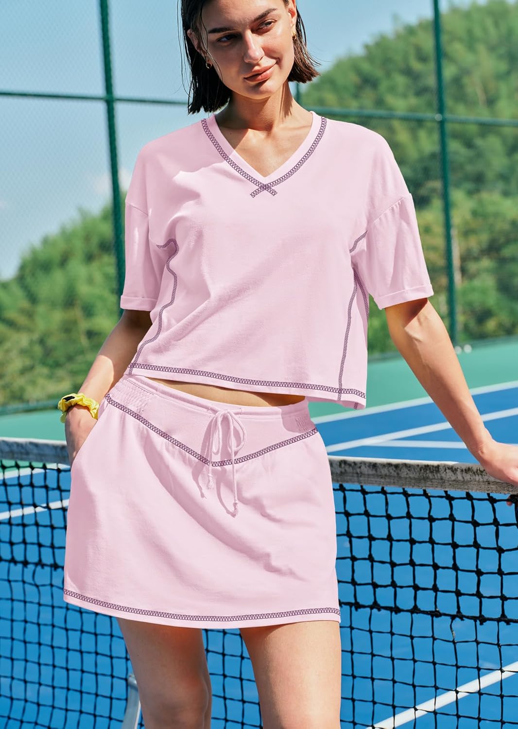 Nirovien Womens 2 Piece Workout Sets Summer Athletic Outfits Short Sleeve Crop Tops and Skirt with Shorts Set - Image 6