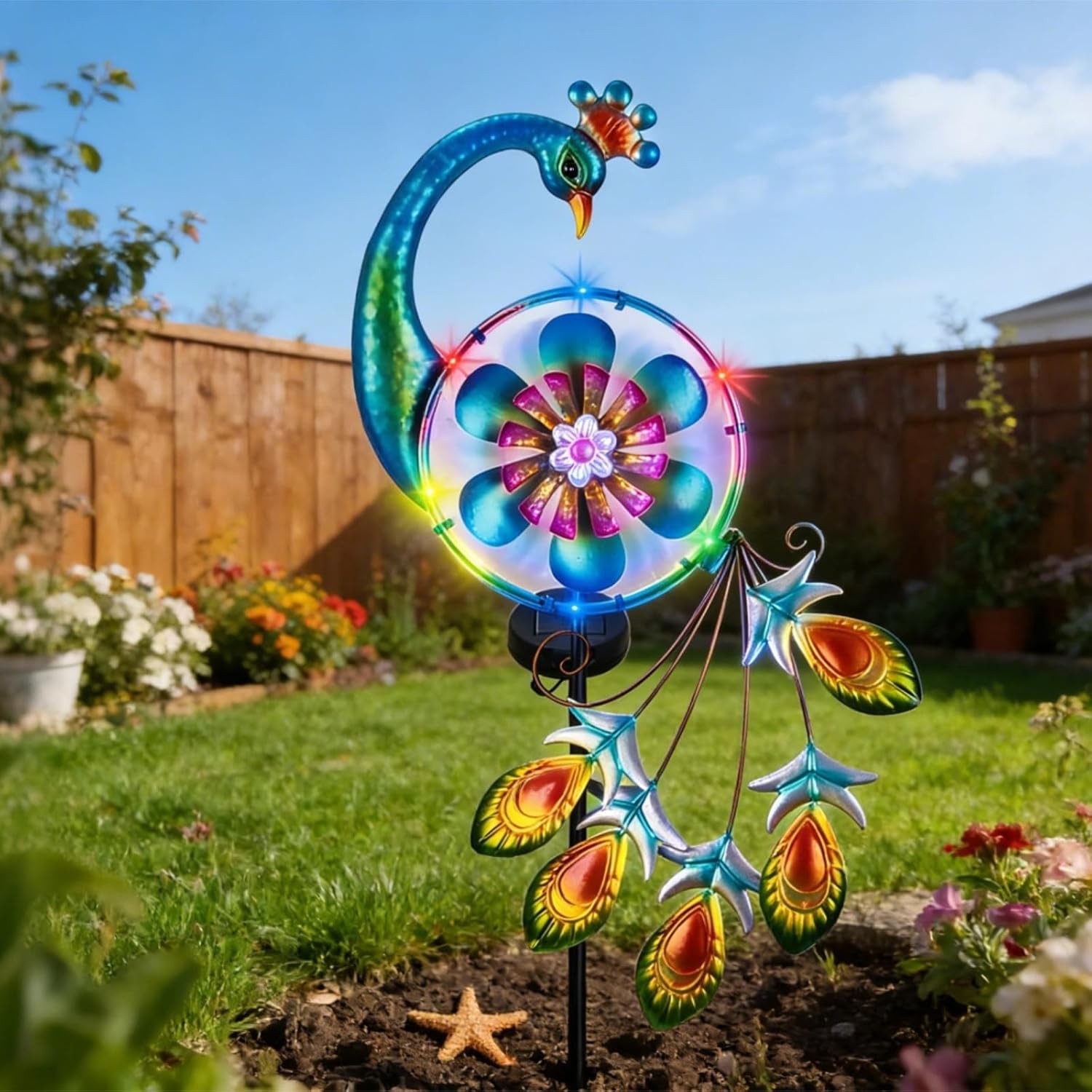 Generic Outdoor Metal Kinetic Art Peacock Windmill Solar Wind Spinner, Yard Lawn Garden Decor, Multicolor with Jewel Accents, Stake Light