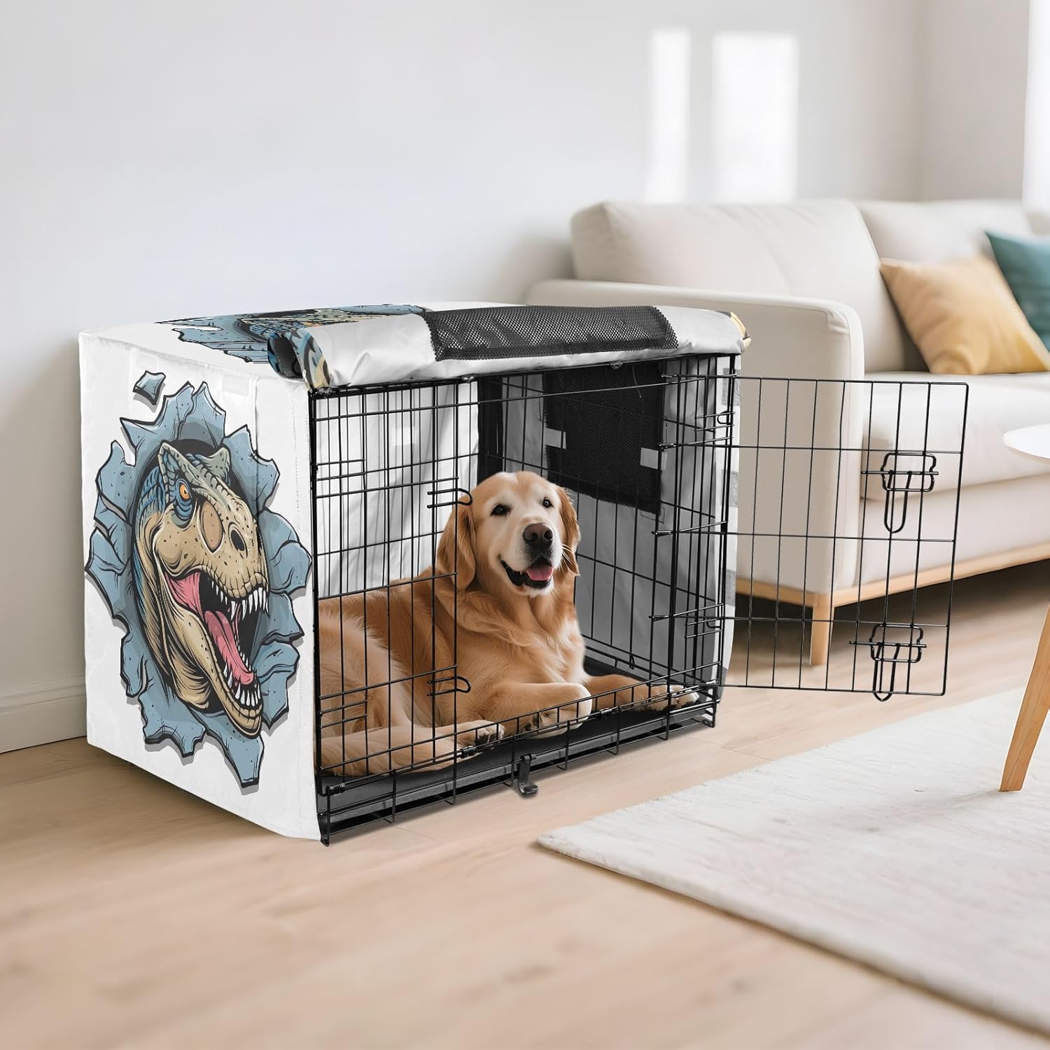 Funny Dinosaur White Dog Crate Cover Roll-up Side Panels, Crate Cover for Dog, Large