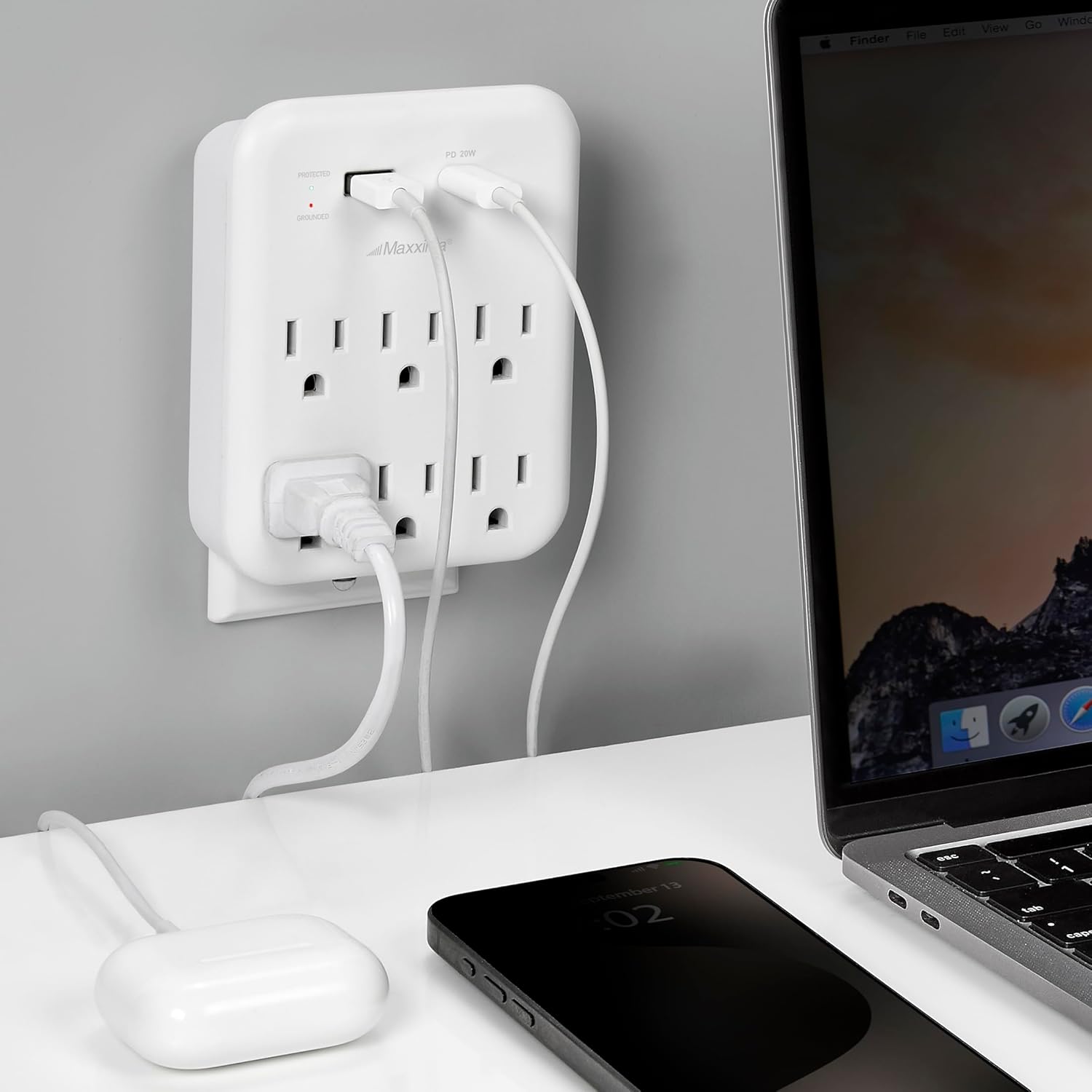 Maxxima 6 Outlet 1 USB-A 1 USB-C Grounded Plug Adapter, 1200 Joules Surge Protection, 3.1A Charging Ports, Power Delivery QC 3.0, 20W Wall Plug Power Strip for Kitchens, Travel, Office