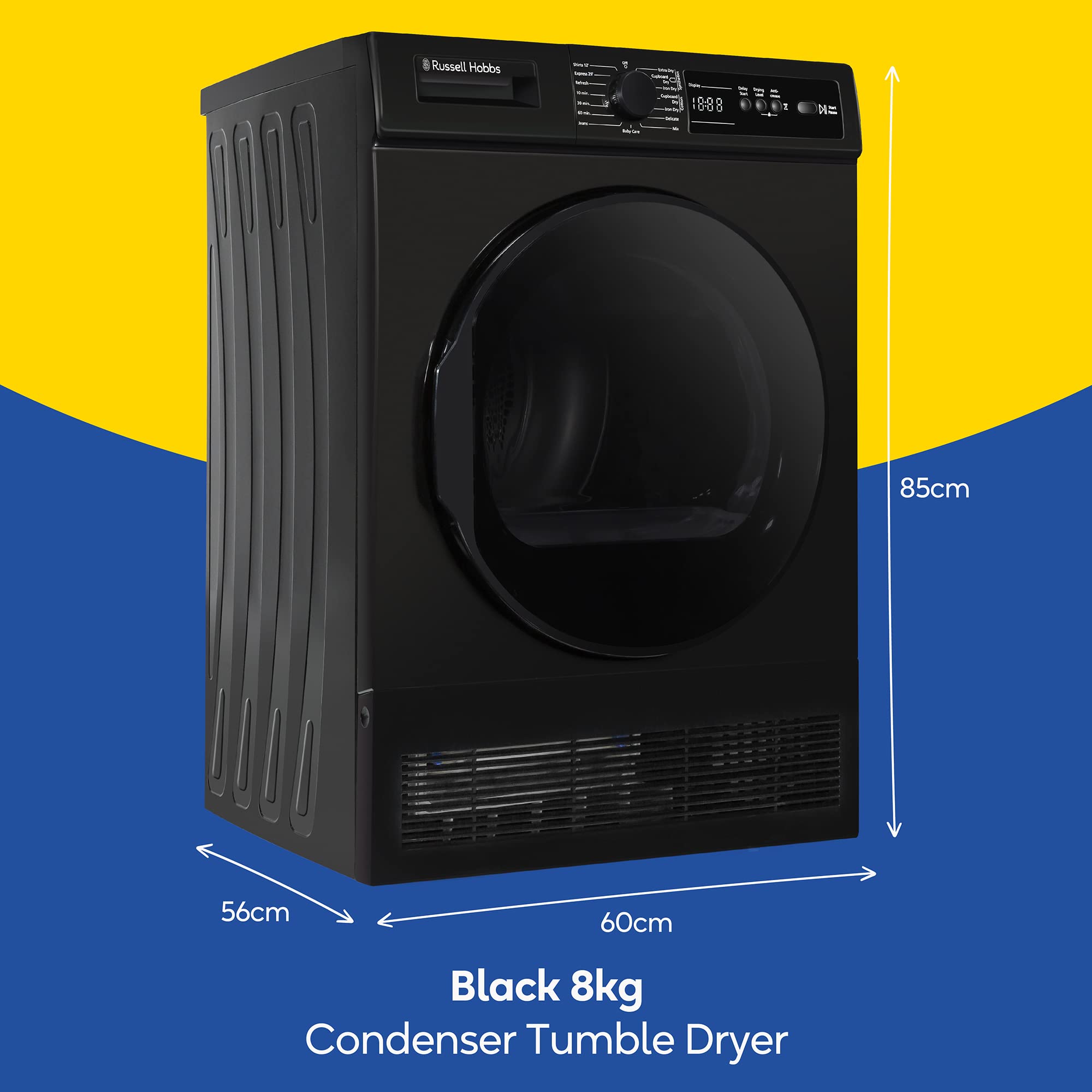 Russell Hobbs Freestanding Condenser Dryer Electric Tumble Dryer 15 Programmes 8kg Capacity 3 Heat Settings LED Display DelayStart Anti-Crease Child Lock Black Clothes Dryer RH8CTD111B - 2