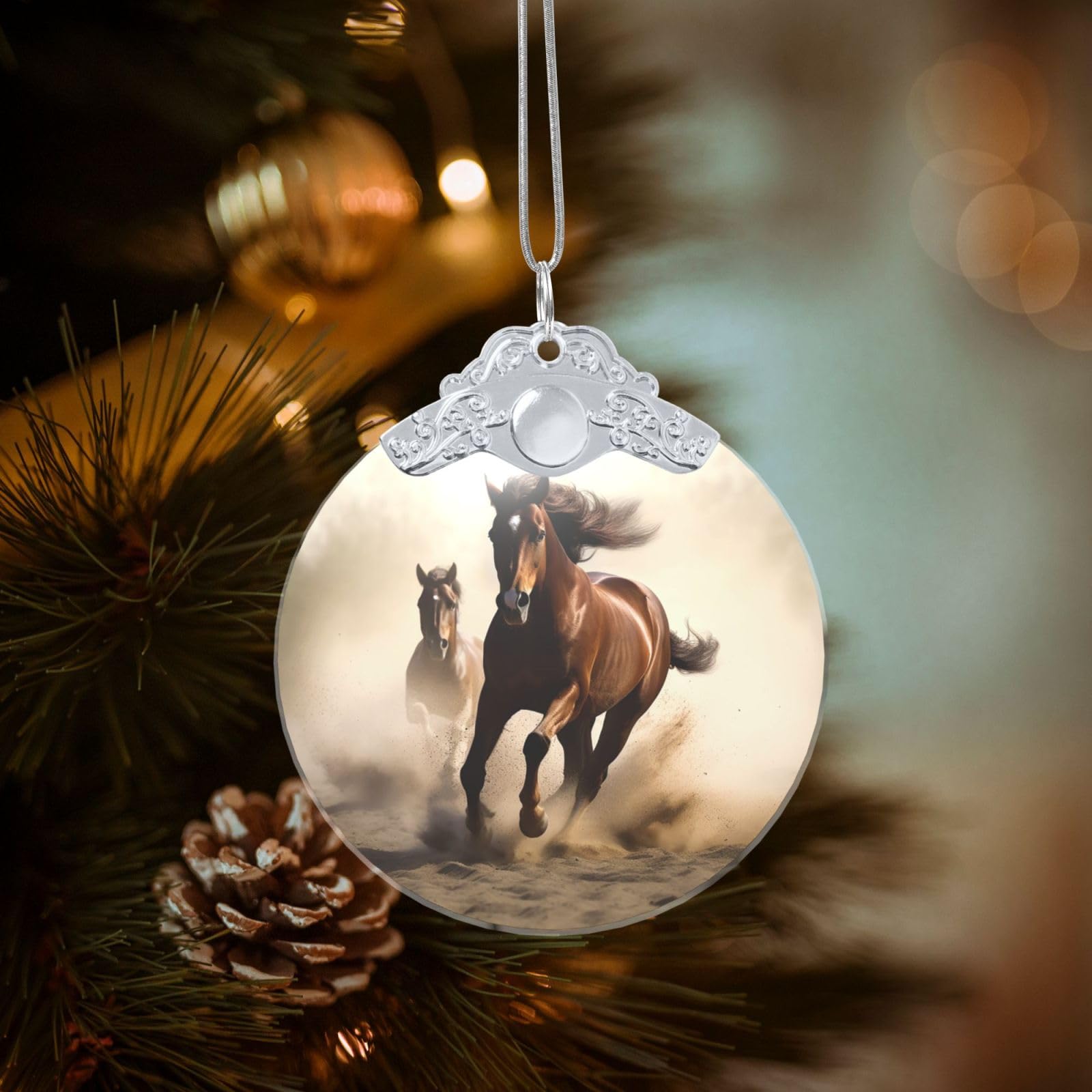 Crystal Christmas Ornaments for Christmas Tree Decoration Hanging Animals Horse Running Ornament with Gold Ribbon Crafts Round Pendant for Keepsake Gifts Glass Xmas Decor Party Supplies