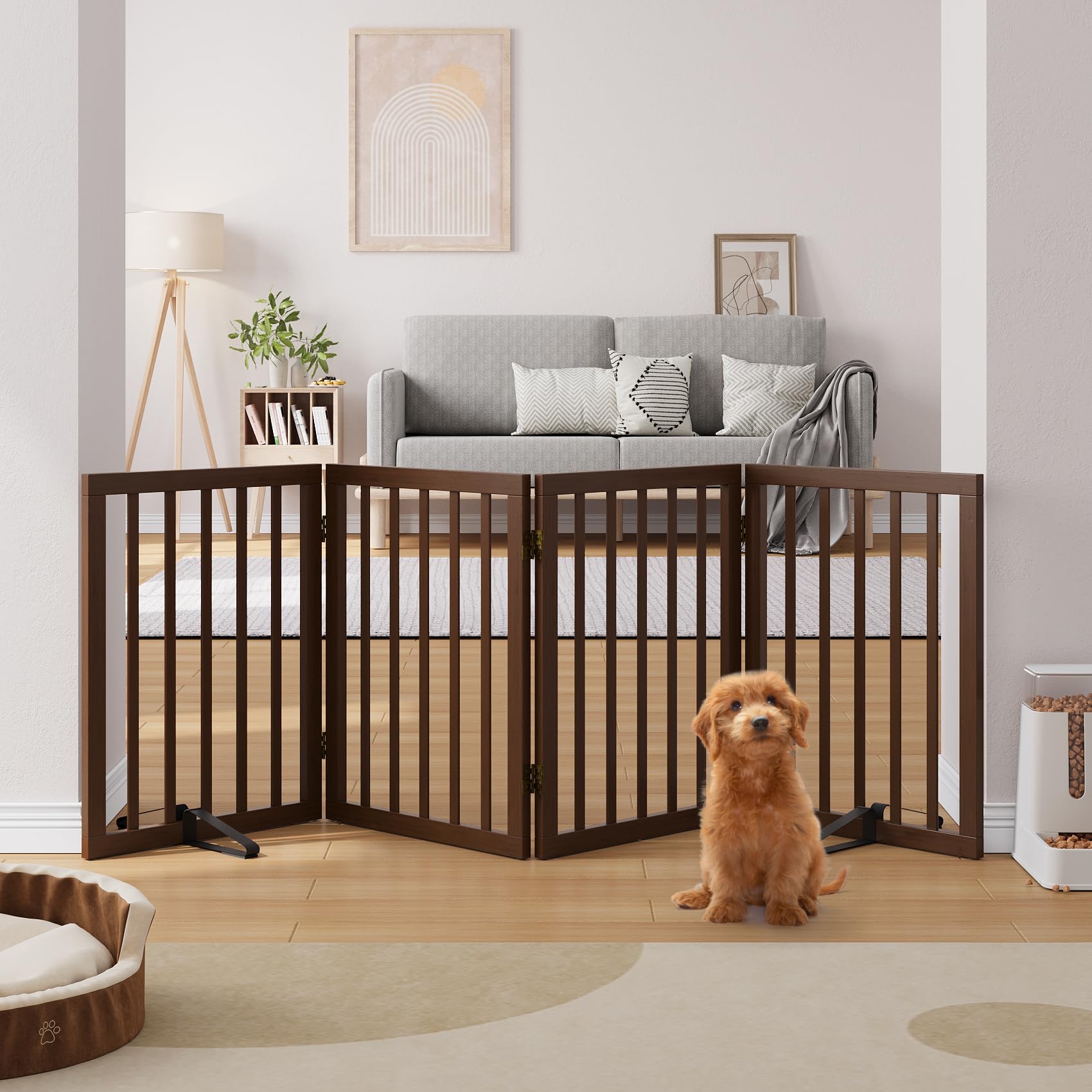 Semiocthome Bamboo Freestanding Dog Gates for Doorways, 2-Panel Indoor Puppy Gates for The House with 2 Metal Stands, 60cm(H) Folding Pet Gate for Stairs Expands Up to 94cm(W) Walnut — view 20