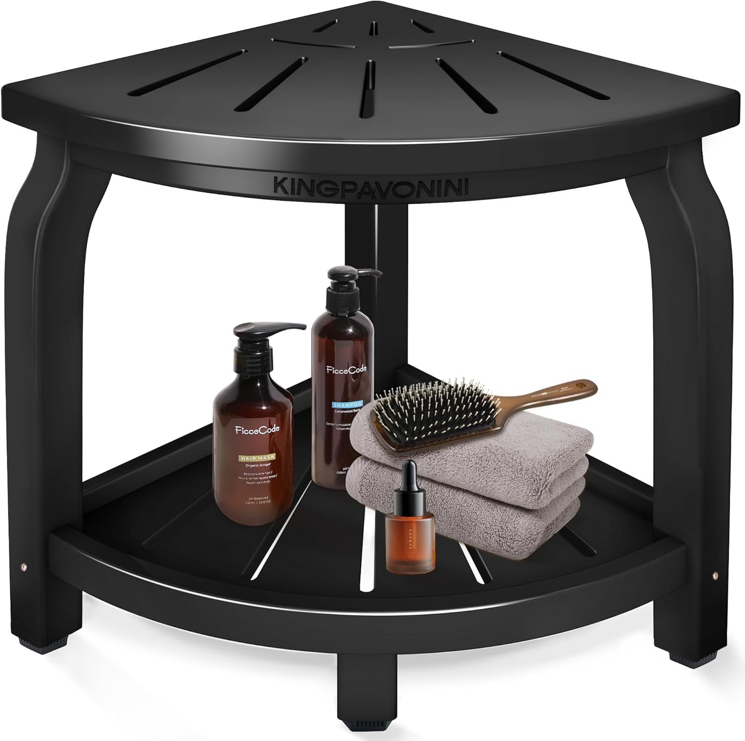 Bamboo Corner Shower Stool with Storage Shelf