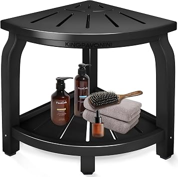 KingPavonini Bamboo Corner Shower Stool for Shaving Legs Foot Rest, Waterproof Bath Bench Seat with Storage Shelf for Bathroom Inside Shower, Hold Up to 450Lbs