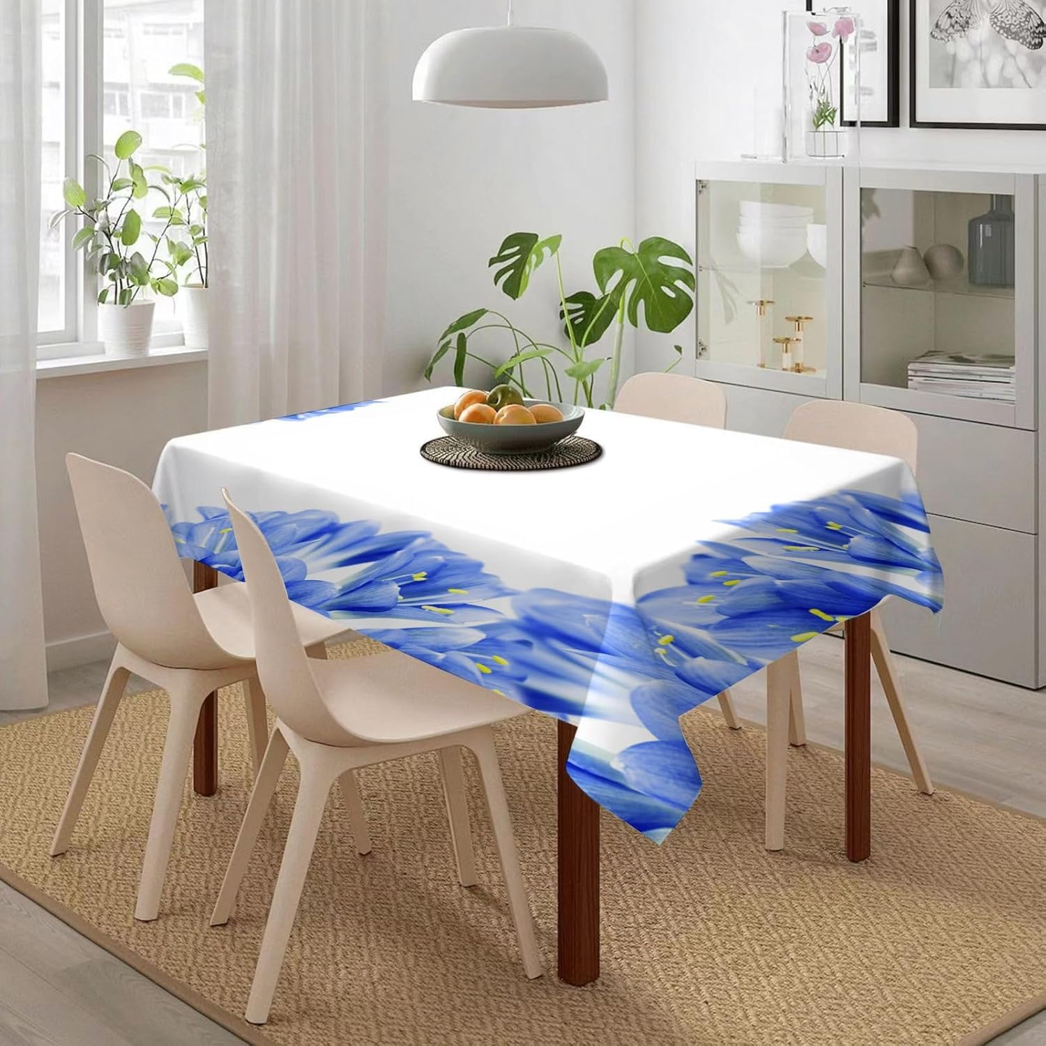 Mantel Mesa Rectangular Flores Azules, Manteles Antimanchas Blanco, 3D Impresión Mantel Impermeable Lavable para Cocina Salón Comedor, 140x300 cm Q.P1290