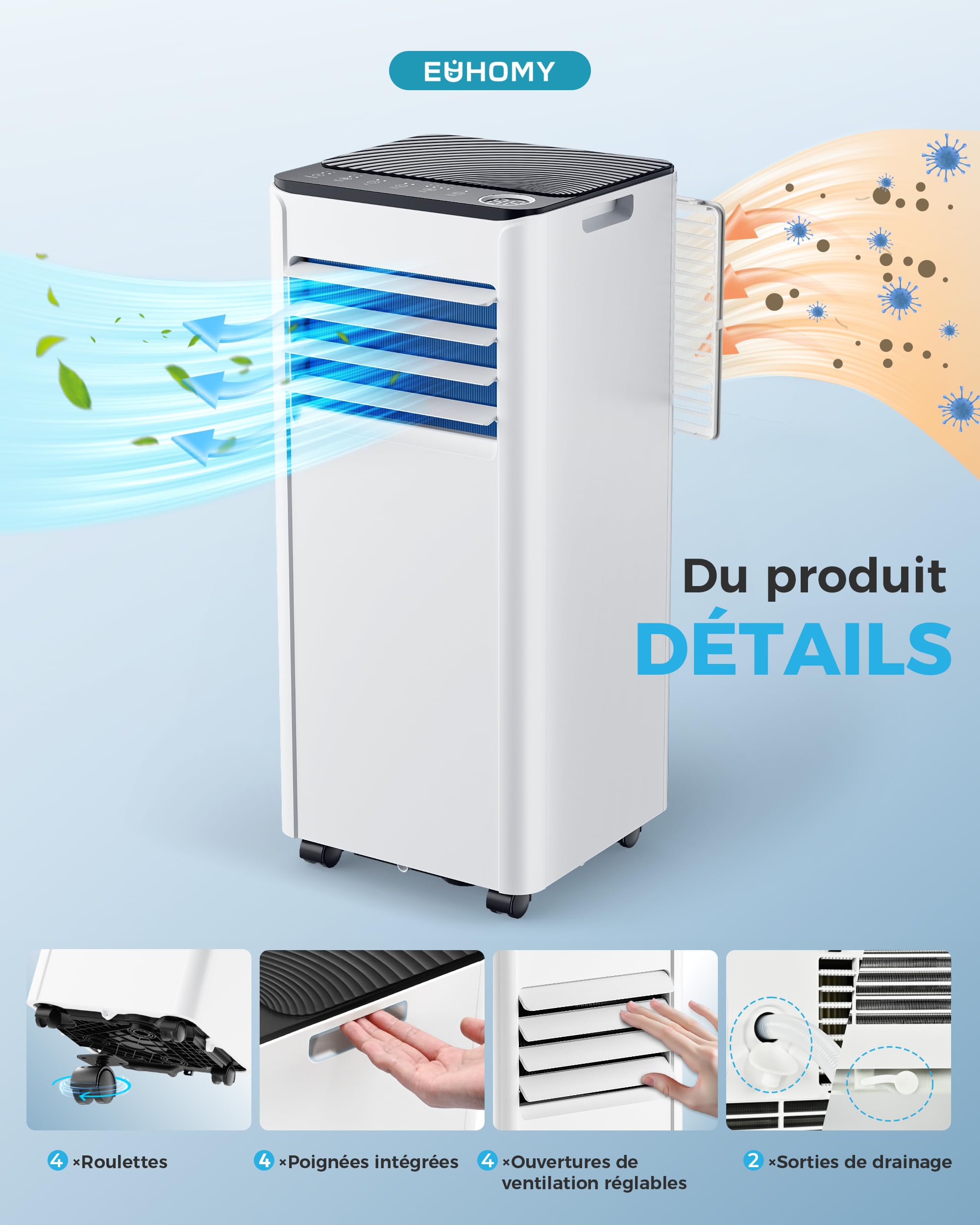 EUHOMY Climatiseur mobile 9000 BTU 2,6 kW (avec télécommande), climatiseur portable quatre en un, fonctionnement silencieux, écran LED, surface couverte 25 m², minuterie 24 heures