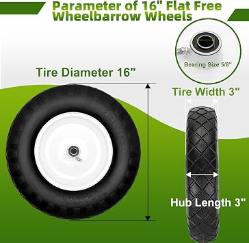 Upgraded 16 Flat Free Wheelbarrow Wheels and Tires | 4.80/4.00-8 Solid Tires with 5/8&3/4 Bearings,14-16 Universal Fit Wheelbarrow Wheel for Wheelbarrows/Garden Trailer