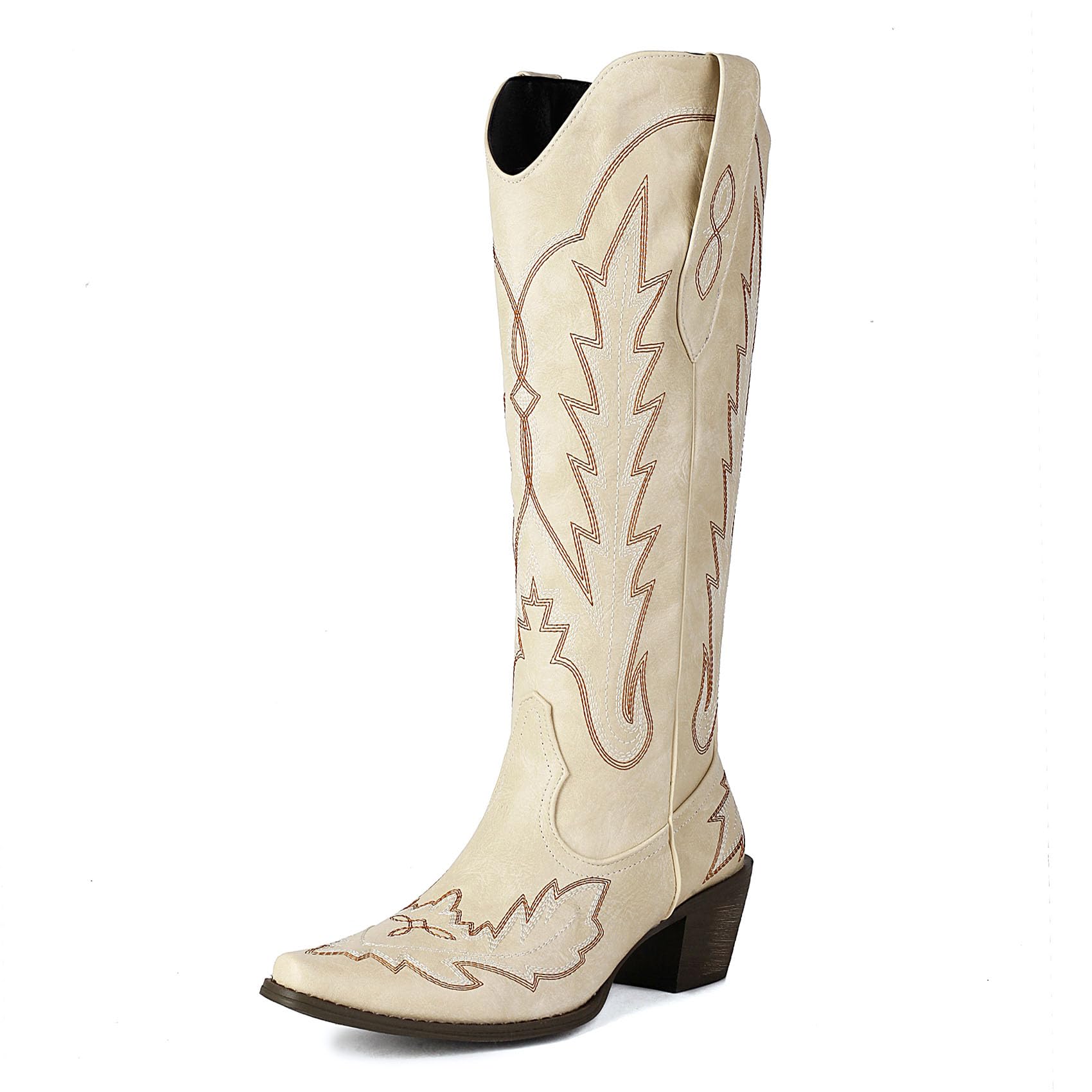 SHEMEE Embroidered Cowboy Boots for Women Knee High Western Cowgirl Boots Chunky Heels Fashion Retro Knee-High Tall Boot