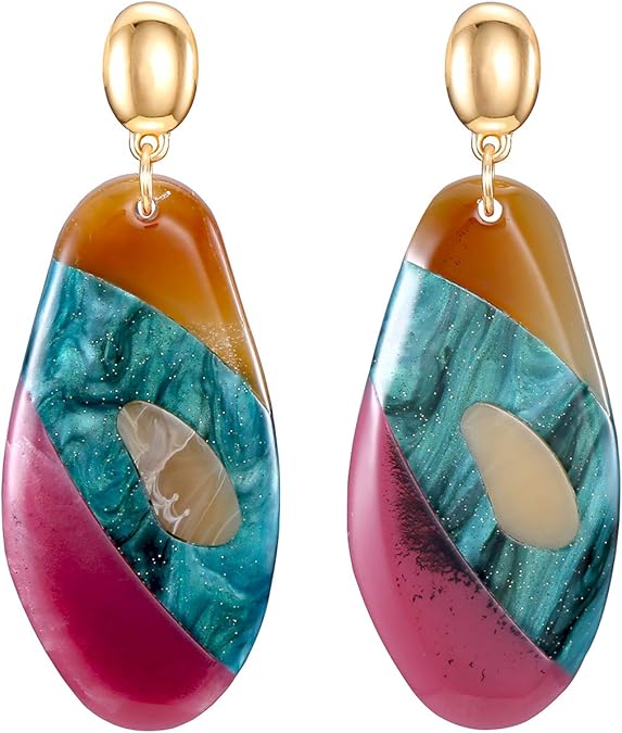 Acrylic Drop Earrings, Bohemia Colorful Lucite Dangle Geometric Earrings, Green, Red and Coffee