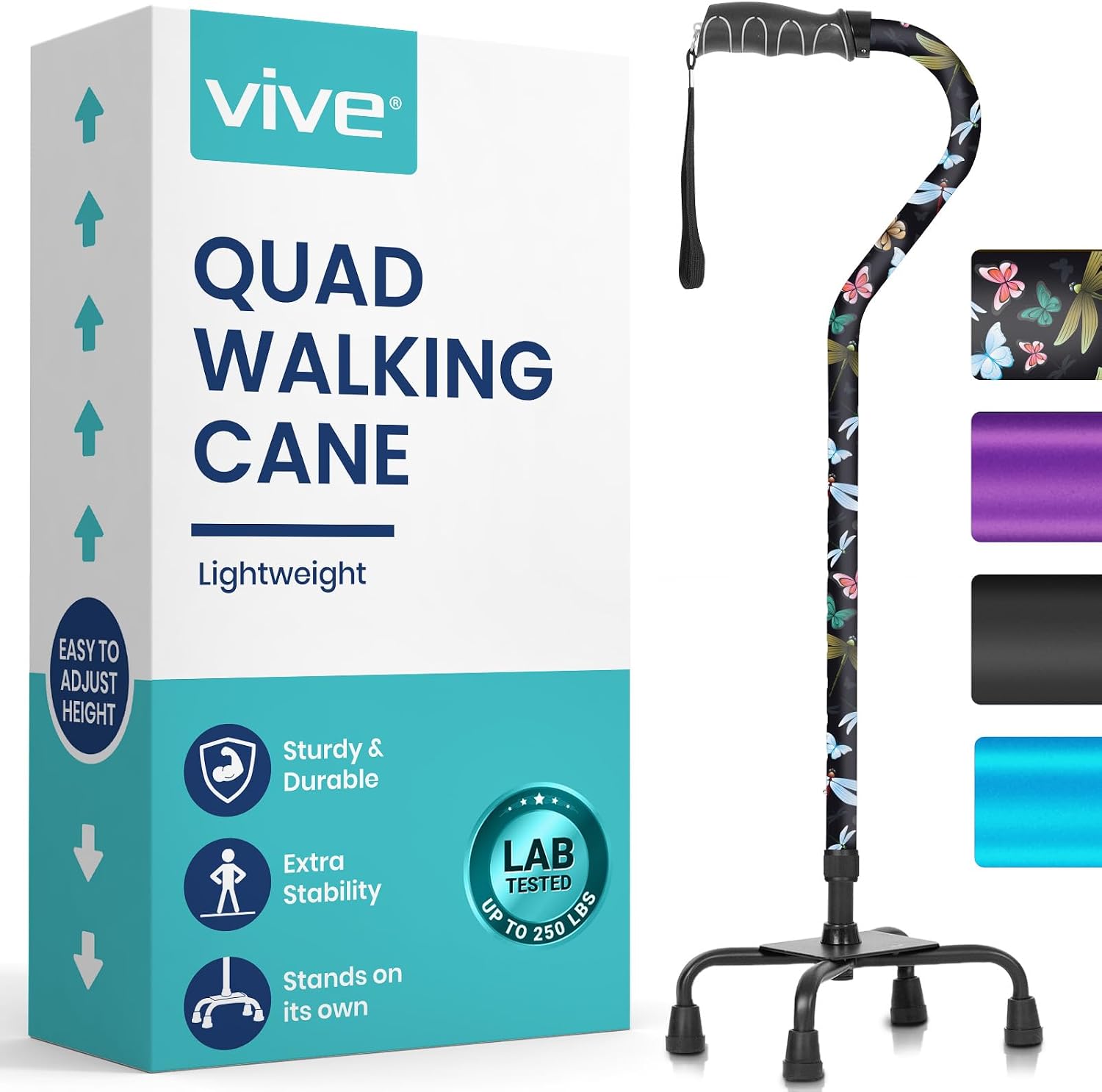 Vive Quad Cane - Walking Stick for Men and Women - Lightweight Adjustable Staff - Comfortable Right and Left Hand Grip for Stability Support - Four Prong Sturdy Aluminum Travel Aid (Black Butterfly)