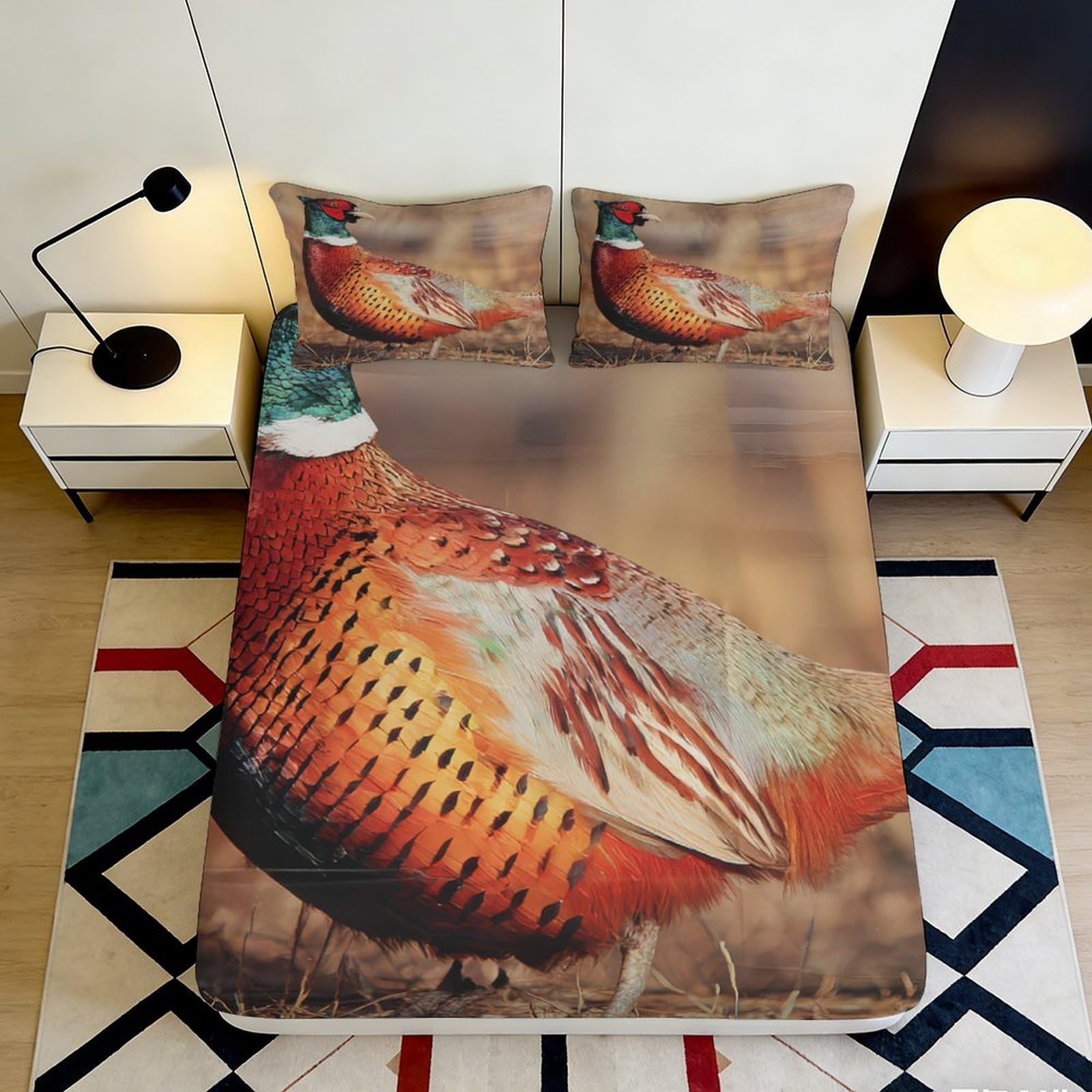 3D Printed Vibrant Pheasant Fitted Sheet Microfiber Soft Bedroom Decor Bird Mattress Cover for Home Guest Room 90x200x25cm