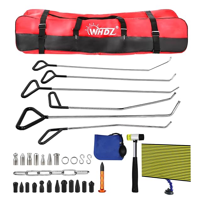 WHDZ Paintless Dent Repair Tools Dent Removal Rods Kit with Awl Head Reflector Board Stainless Steel Repair Set