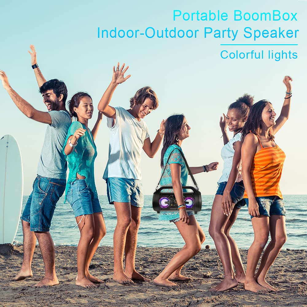 TENMIYA Bluetooth Lautsprecher 30W mit FM Radio, Subwoofer, USB, Bunte Licht, 10H Akku Box für Party, Outdoor