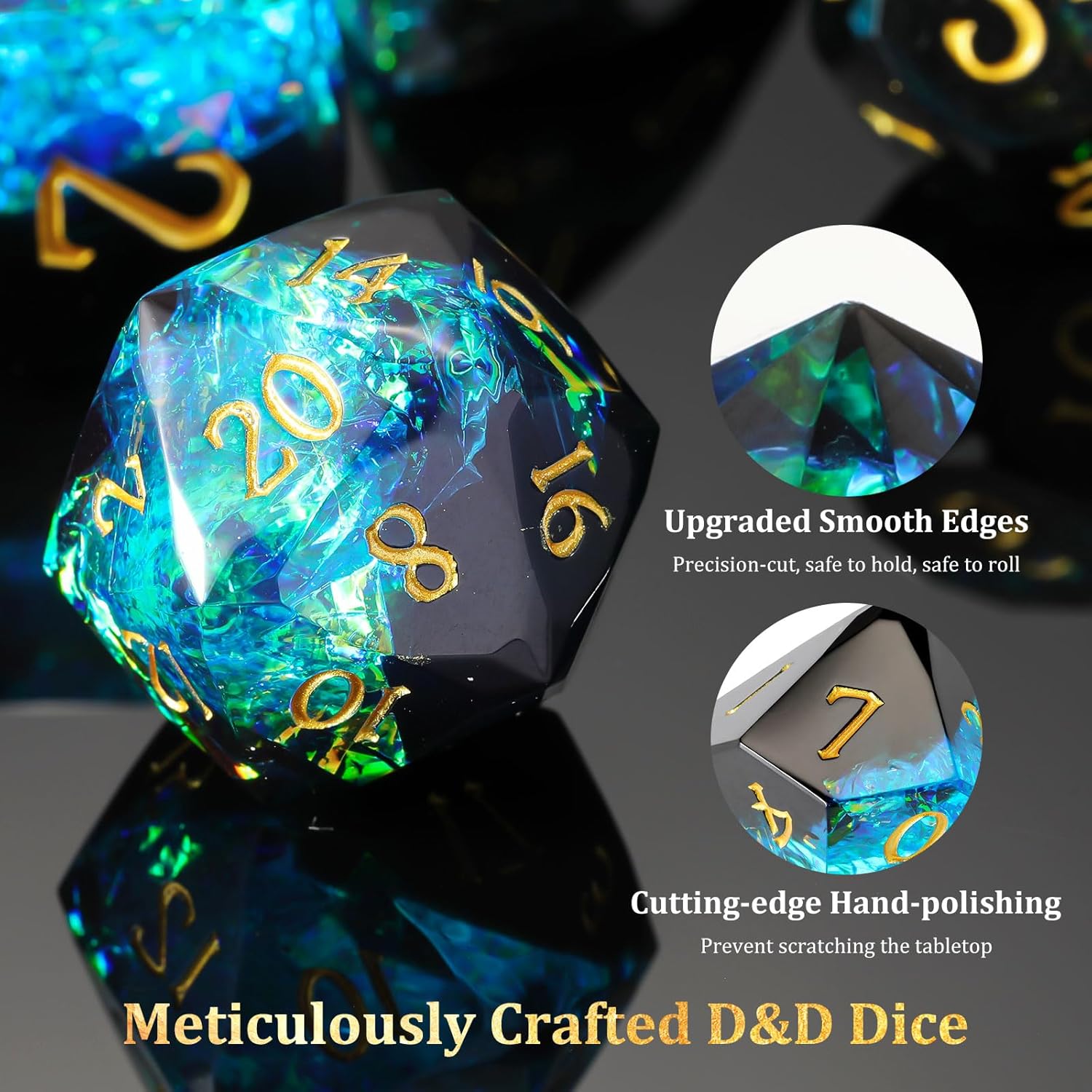 MoKo Resin DND Dice Set, 7PCS Sharp Edge Polyhedral D&D Dice with Gift Box Storage Bag for Dungeons and Dragons RPG Tabletop Games, Gold Numbers DND Gifts D20 D12 D10 D8 D6 D4 D%, Dark Green+Blue