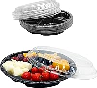 Vista 8 de 12 bandejas desechables para frutas, bandeja redonda de plástico para servir aperitivos con tapa, 6 compartimentos, recipientes divididos