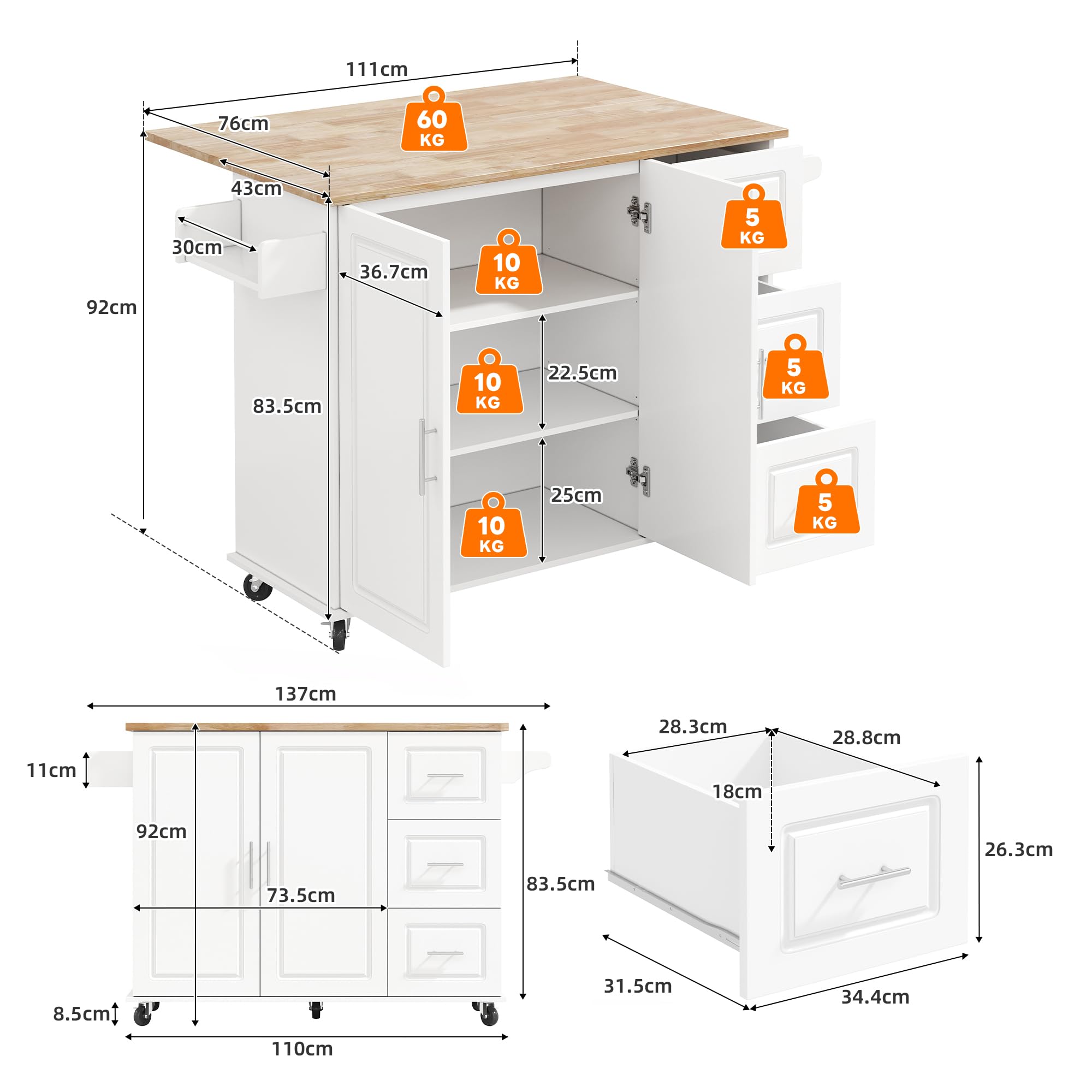 Merax Mobiler Küchentisch Kücheninsel auf Rädern mit klappbarer Eichenholz-Arbeitsplatte, Multifunktionaler Schrank, 5 Räder, für Küche, Esszimmer und Zuhause, 137 x 43(76) x 92 cm,Weiß