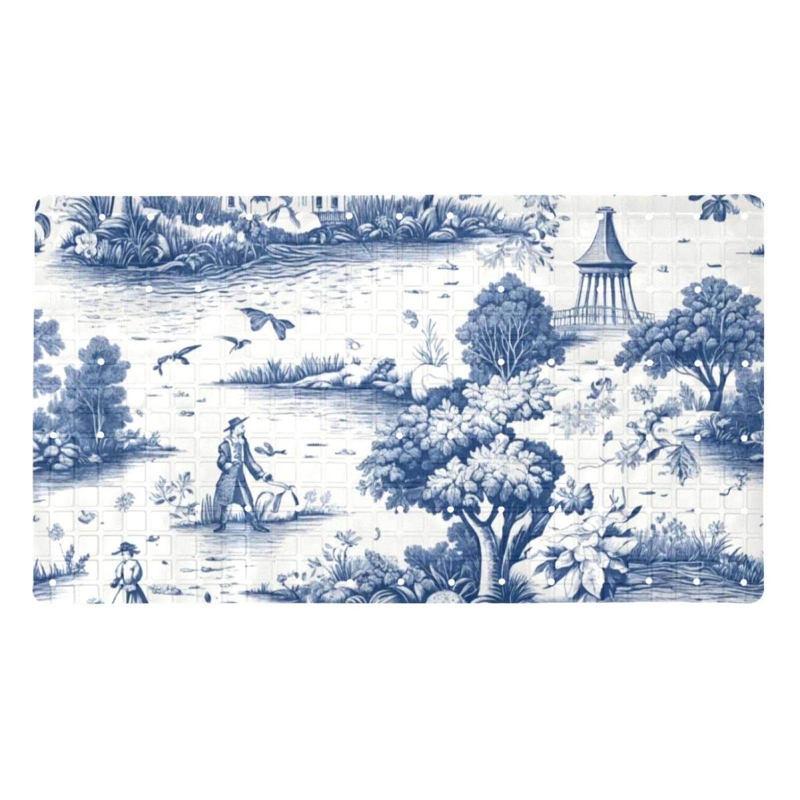 Tapete de baño Toile Lake extralargo en blanco y azul con agujeros de drenaje para la bañera