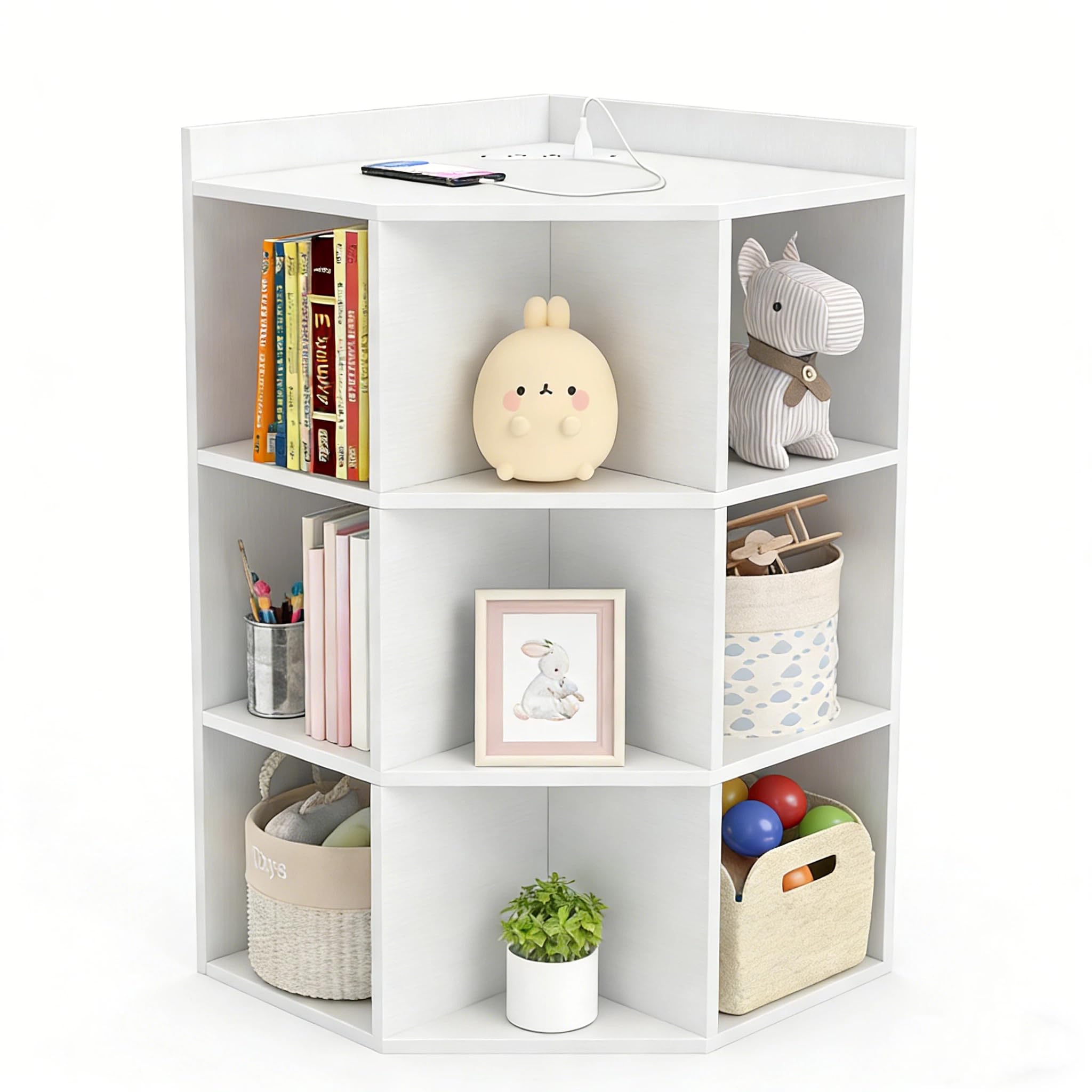 Costzon Kids Corner Cabinet with Charging Station, Wooden Cubby Bookcase with USB Ports and Outlets, 3-Tier Kids Bookshelf, 9-Cube Toy Storage