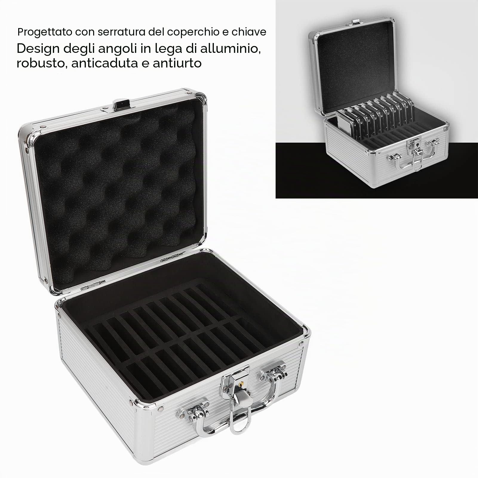 Scatola di Immagazzinaggio per Disco Rigido da 2,5 Pollici, Valigia per Scatola di Immagazzinaggio per HDD con 20 Alloggiamenti, Custodia per il Trasporto di Dischi Rigidi Esterni con Design con Blocc