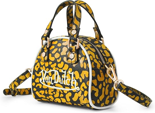 Von Dutch Mini Bowling Bag Cheetah Print | 6.8 Vegan Leather | Crossbody with Logo Hardware, Top Handles & Zipper Pouch, Cheetah Grey