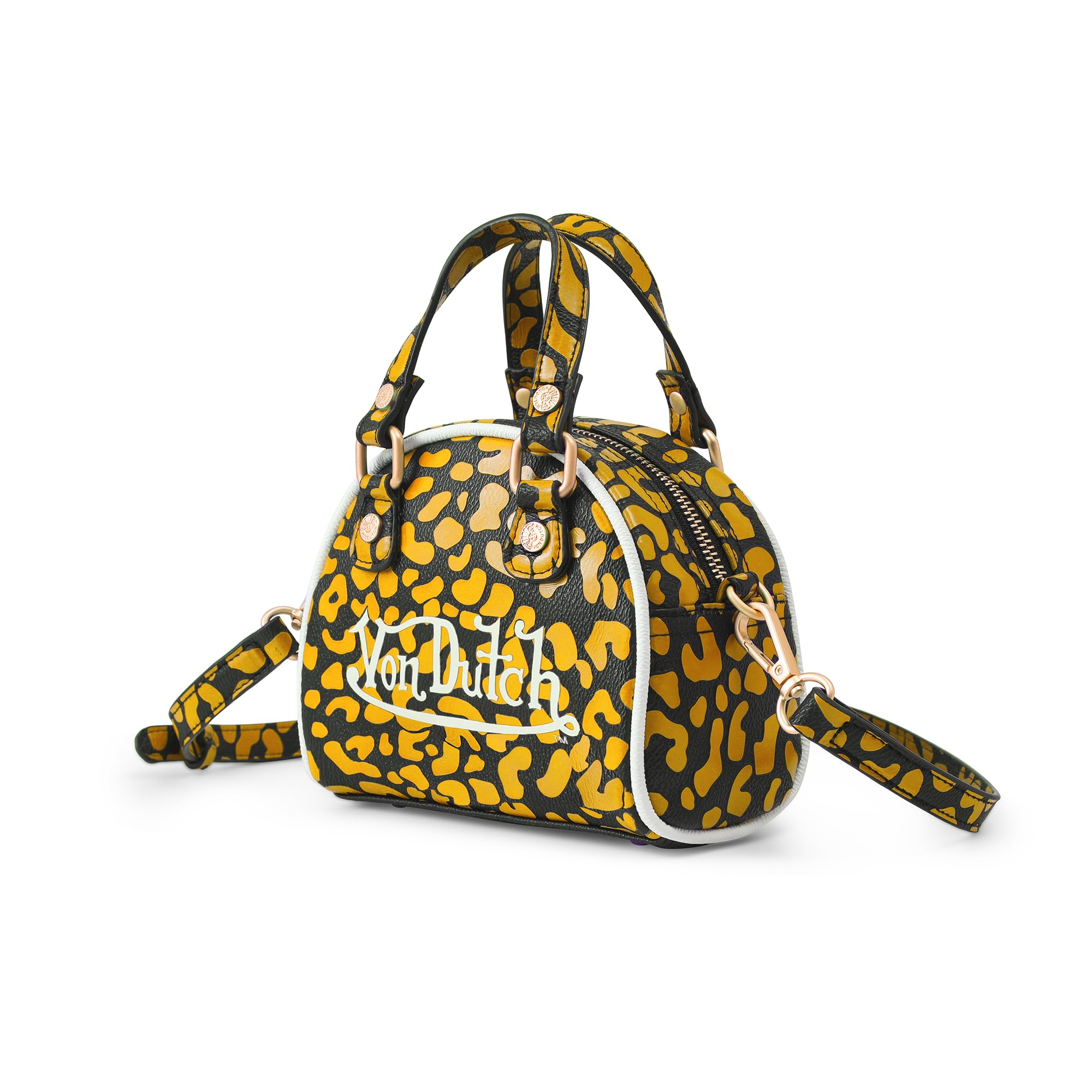 Von Dutch Mini Bowling Bag Cheetah Print | 6.8” Vegan Leather Crossbody with Logo Hardware, Top Handles & Zipper Pouch, Cheetah Orange