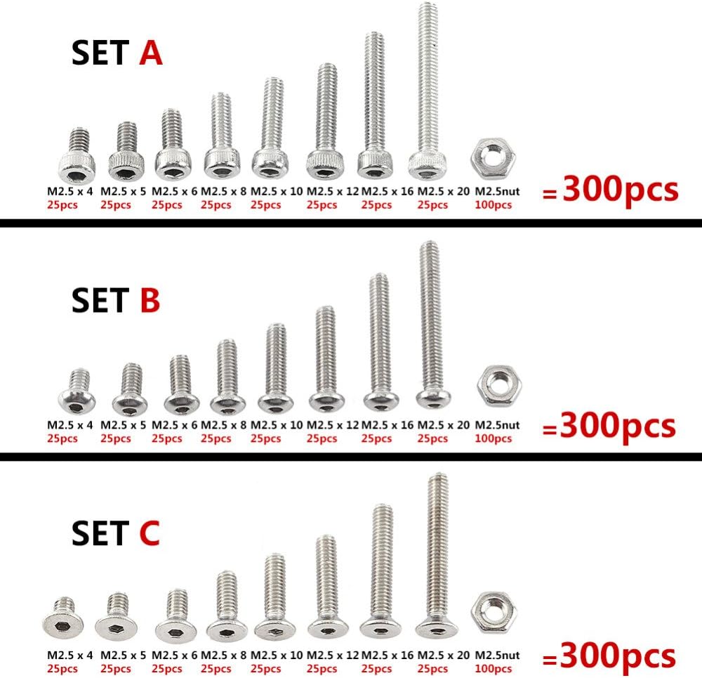 300Pcs M2.5 Stainless Steel Hex Socket Screw Set Furniture Fittings Nuts Bolts Wood Screw Assortment Kit Repair Tools - (Color: Countersunk Head)